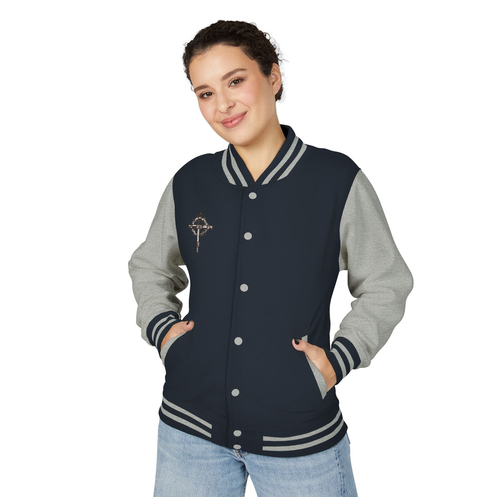 Gothic Cross Nail Emblem Letterman Jacket | Red White Varsity