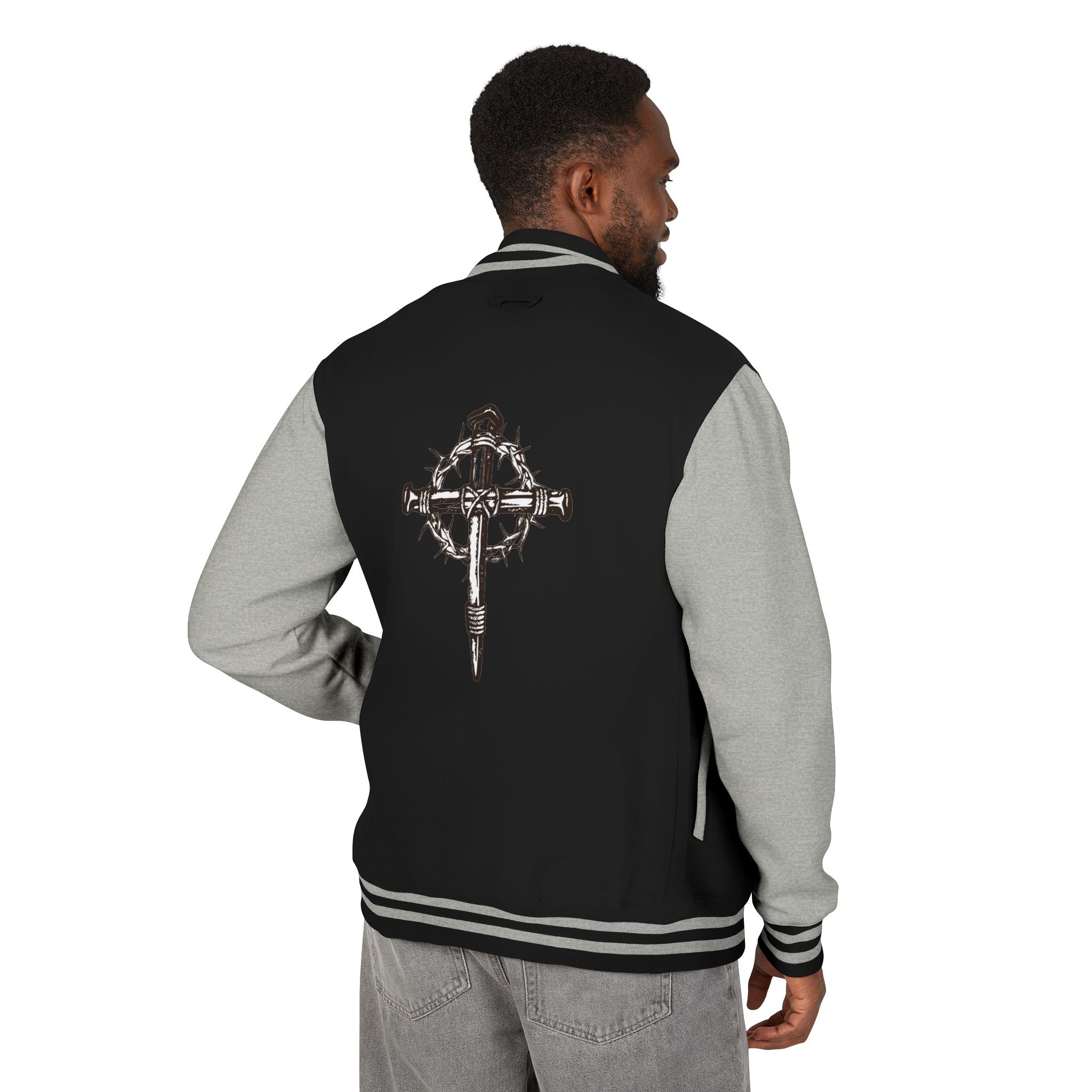 Gothic Cross Nail Emblem Letterman Jacket | Red White Varsity