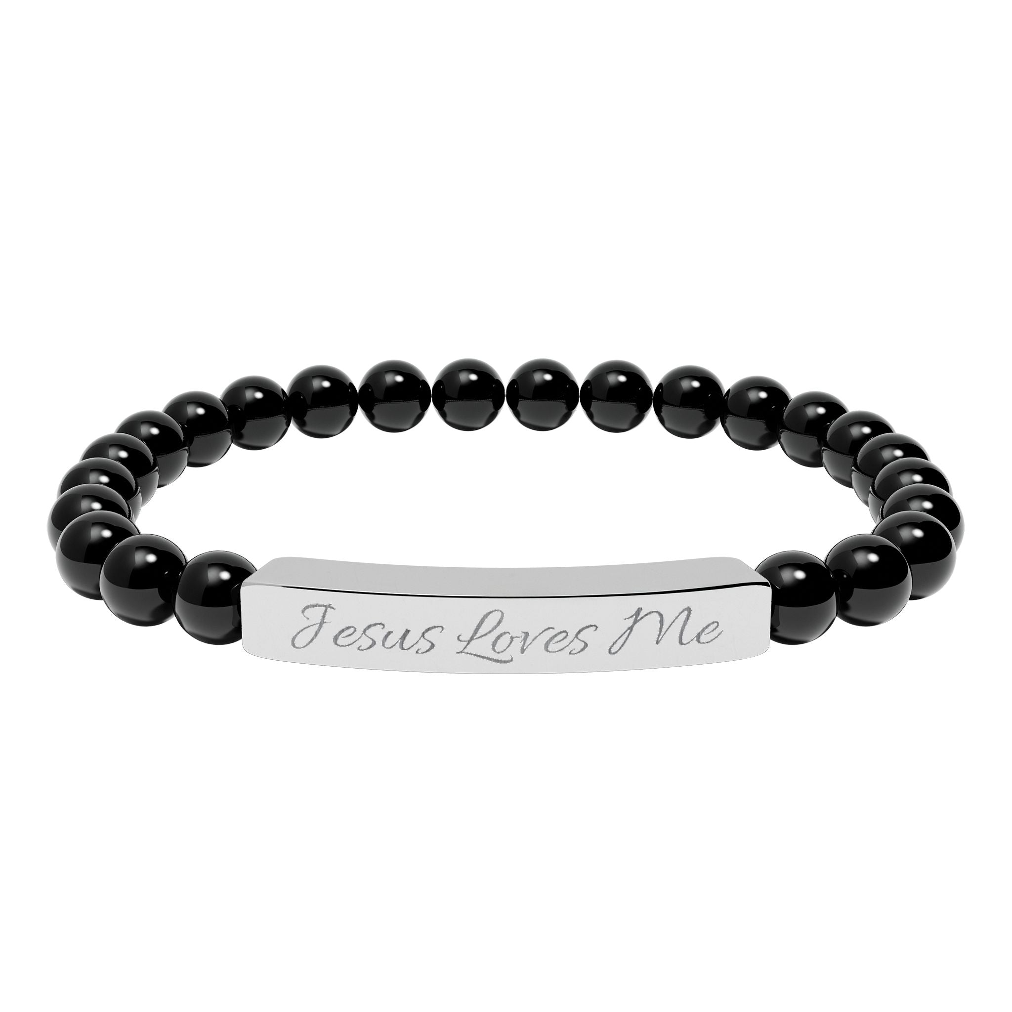 Jesus Loves Me Engraved Bar Natural Stone Bracelet | Stretch Beaded Bracelet