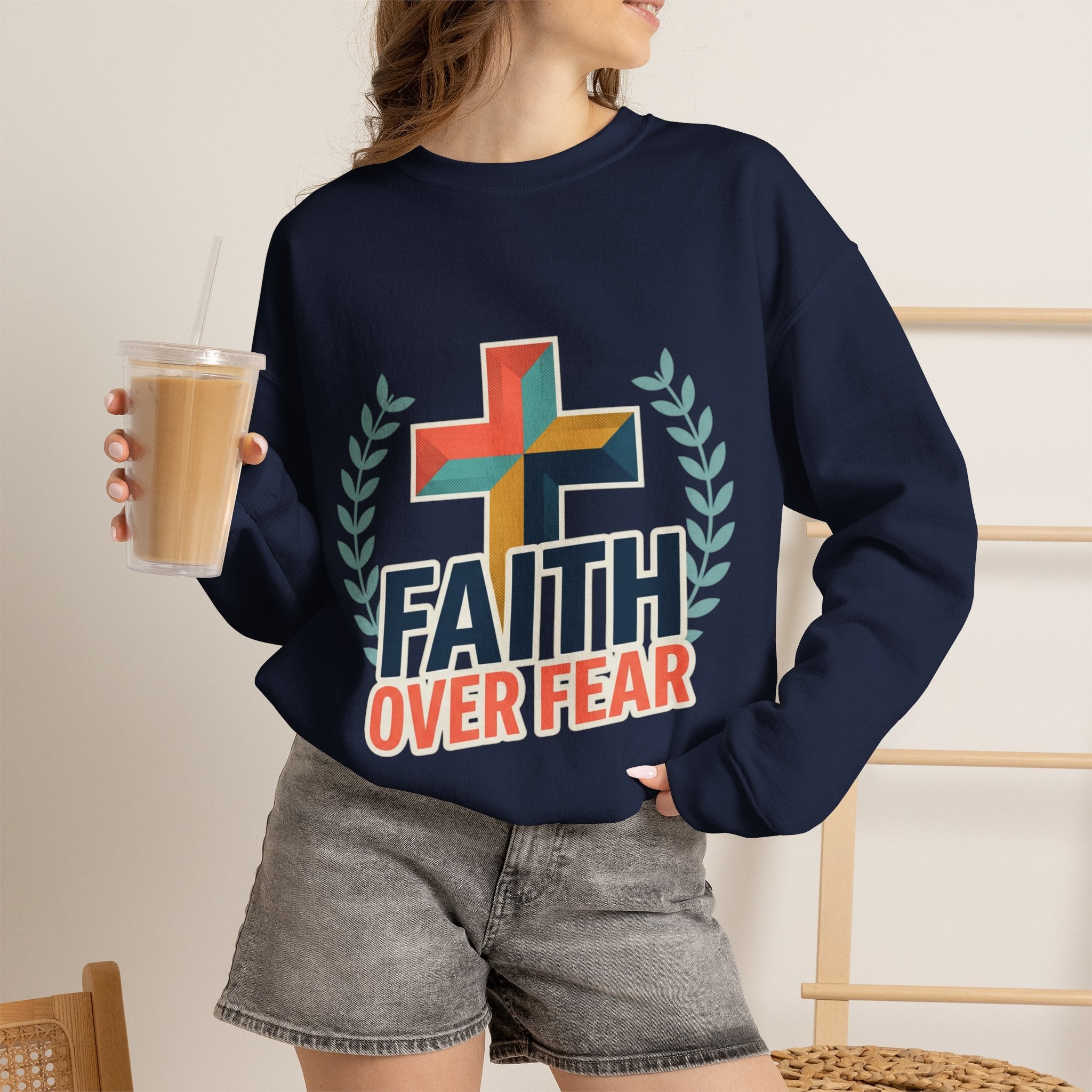 Faith Over Fear Crewneck Sweatshirt — Christian Cross Inspirational Pullover