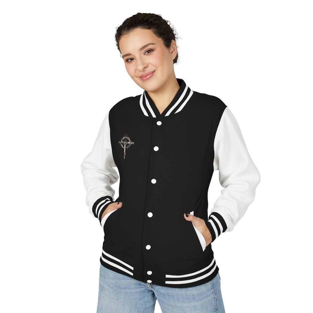 Gothic Cross Nail Emblem Letterman Jacket | Red White Varsity