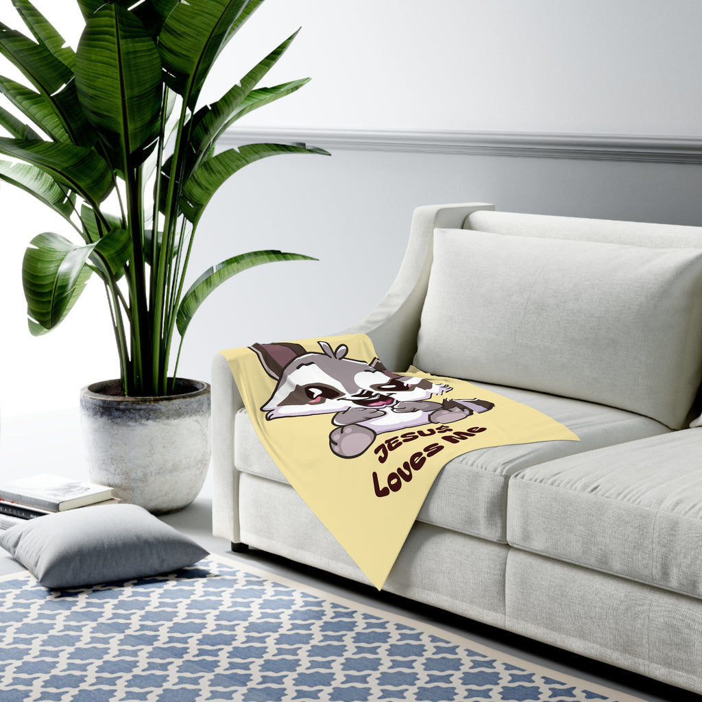 Cute Raccoon Jesus Loves Me Baby Swaddle Blanket | Religious Nursery Yellow