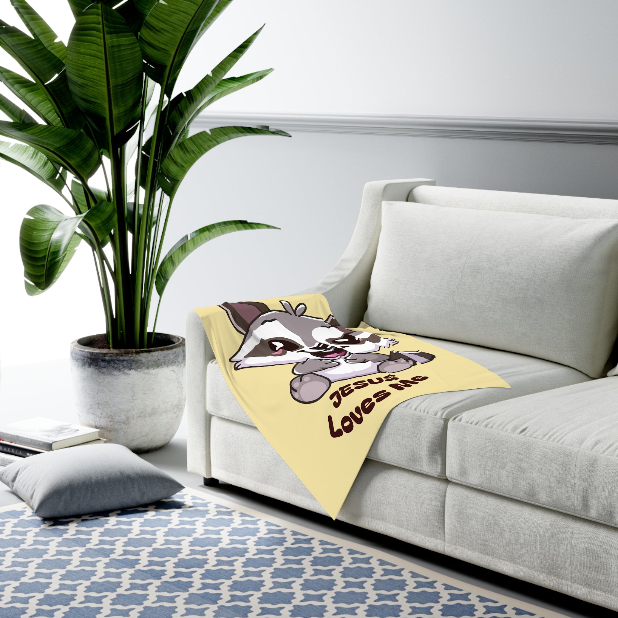Cute Raccoon Jesus Loves Me Baby Swaddle Blanket | Religious Nursery Yellow