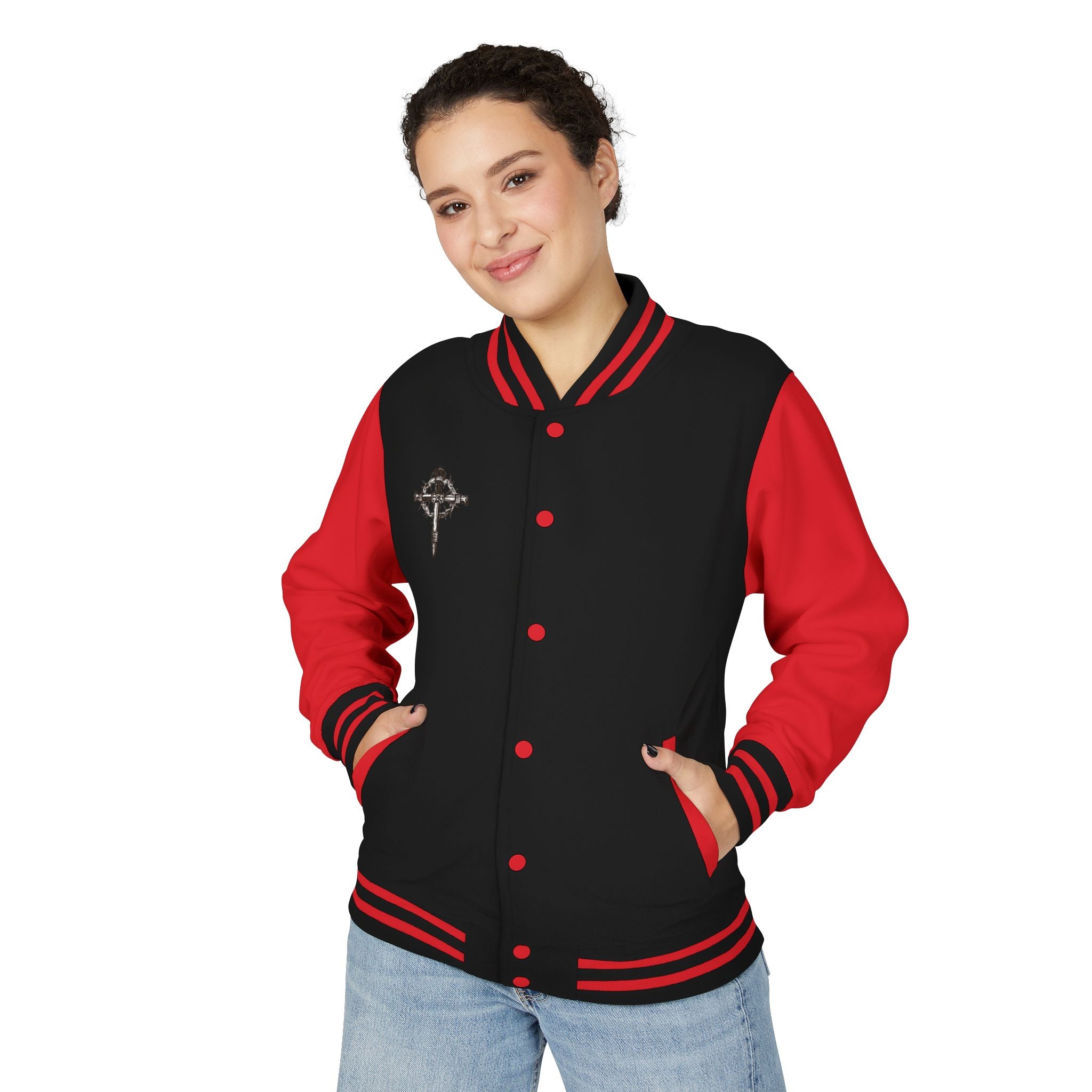 Gothic Cross Nail Emblem Letterman Jacket | Red White Varsity