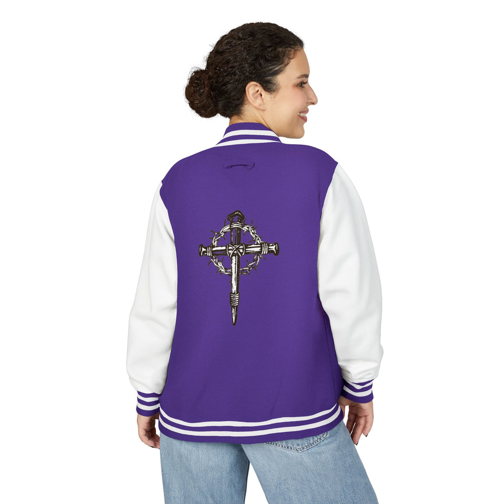 Gothic Cross Nail Emblem Letterman Jacket | Red White Varsity