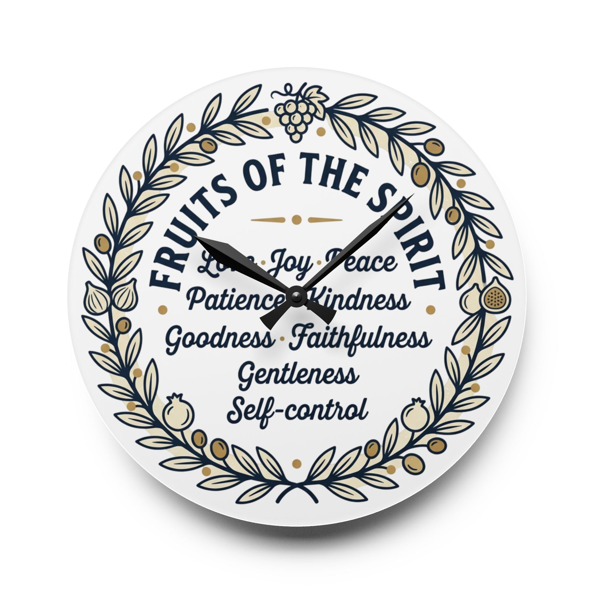 Fruits of the Spirit acrylic wall clock | Christian scripture typography, floral wreath