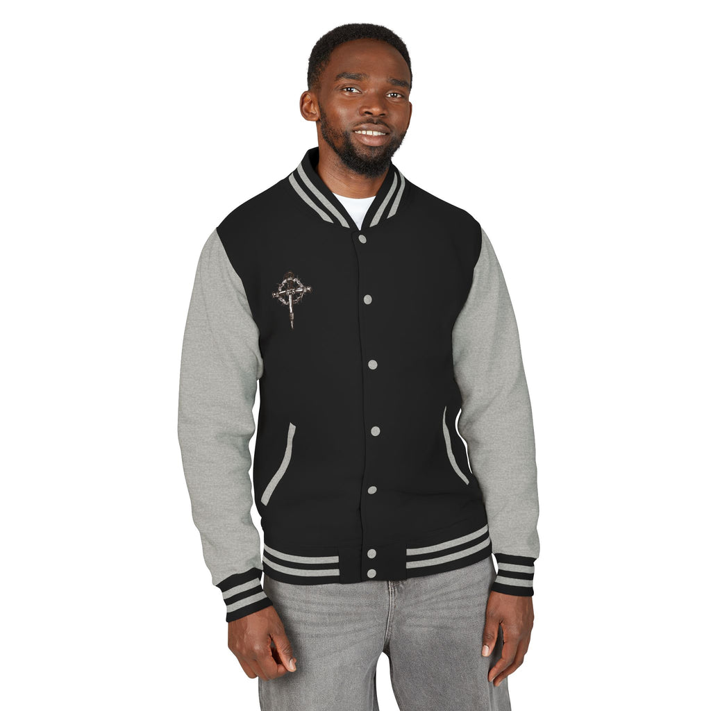 Gothic Cross Nail Emblem Letterman Jacket | Red White Varsity