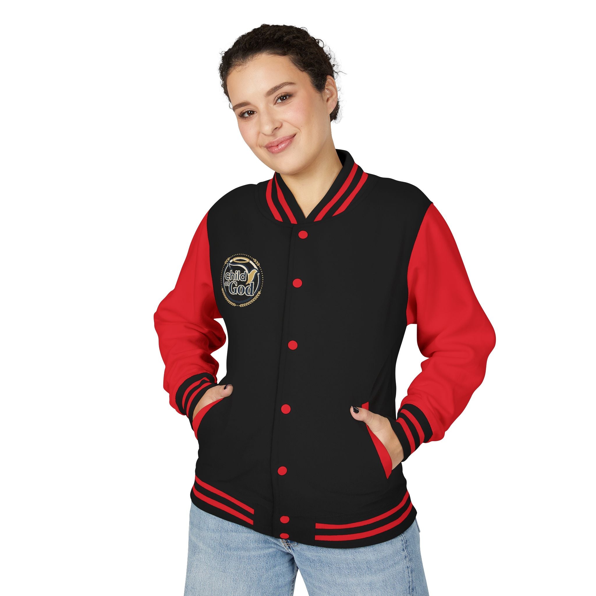 Child of God Emblem Letterman Jacket | Red White Varsity