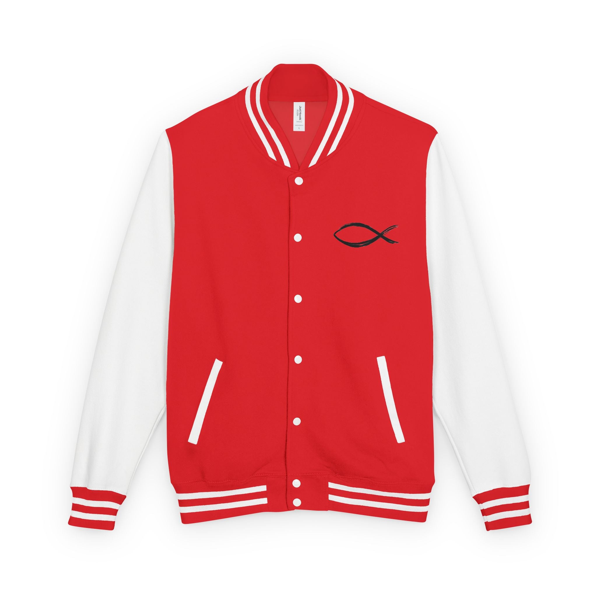 Christian Fish Symbol Emblem Letterman Jacket | Red White Varsity