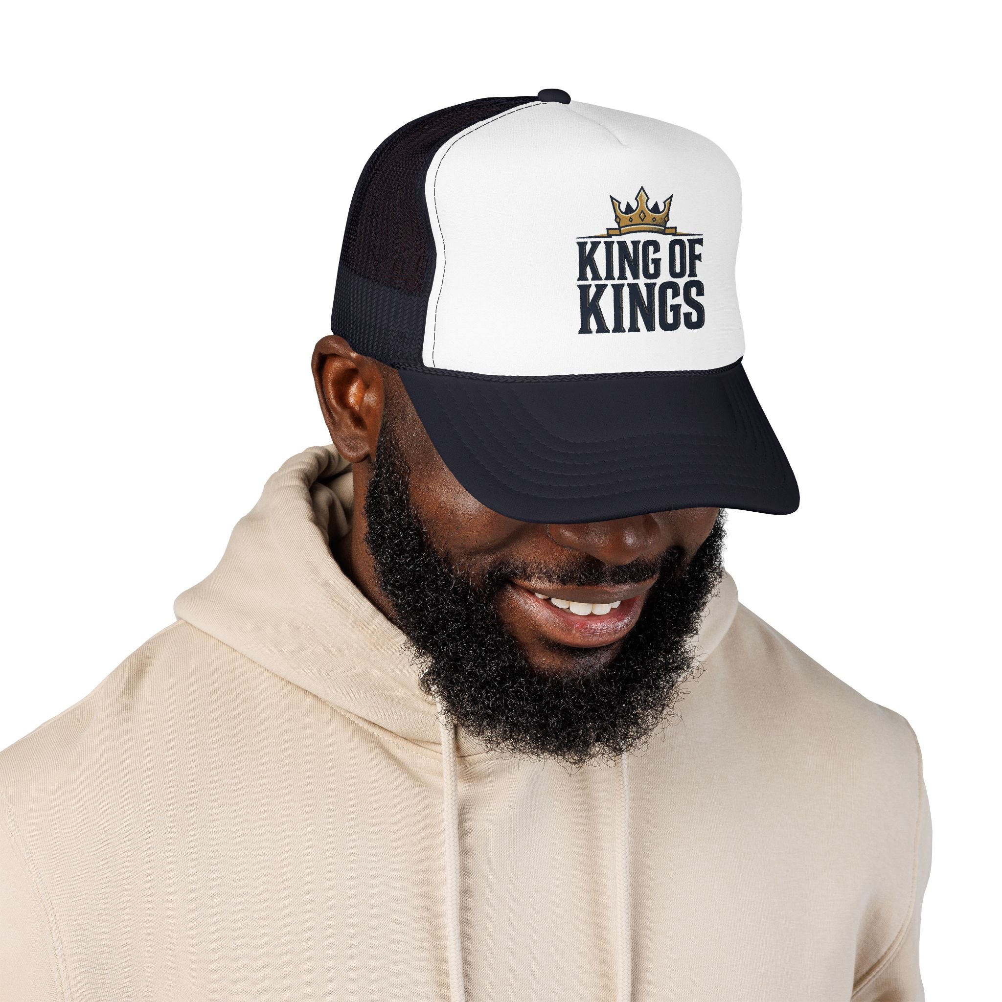 King of Kings Trucker Hat – Foam Mesh Baseball Cap with Gold Crown Design
