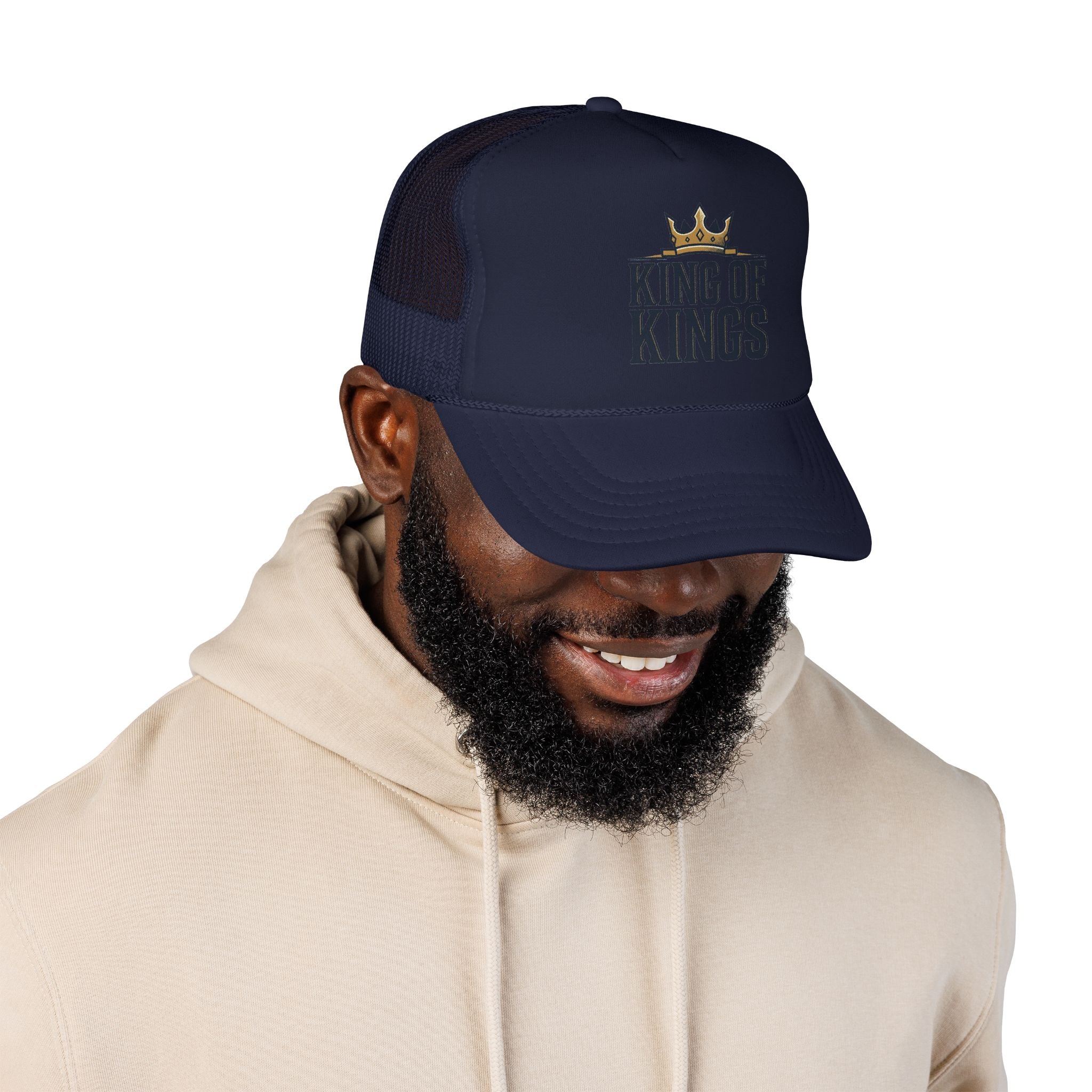 King of Kings Trucker Hat – Foam Mesh Baseball Cap with Gold Crown Design
