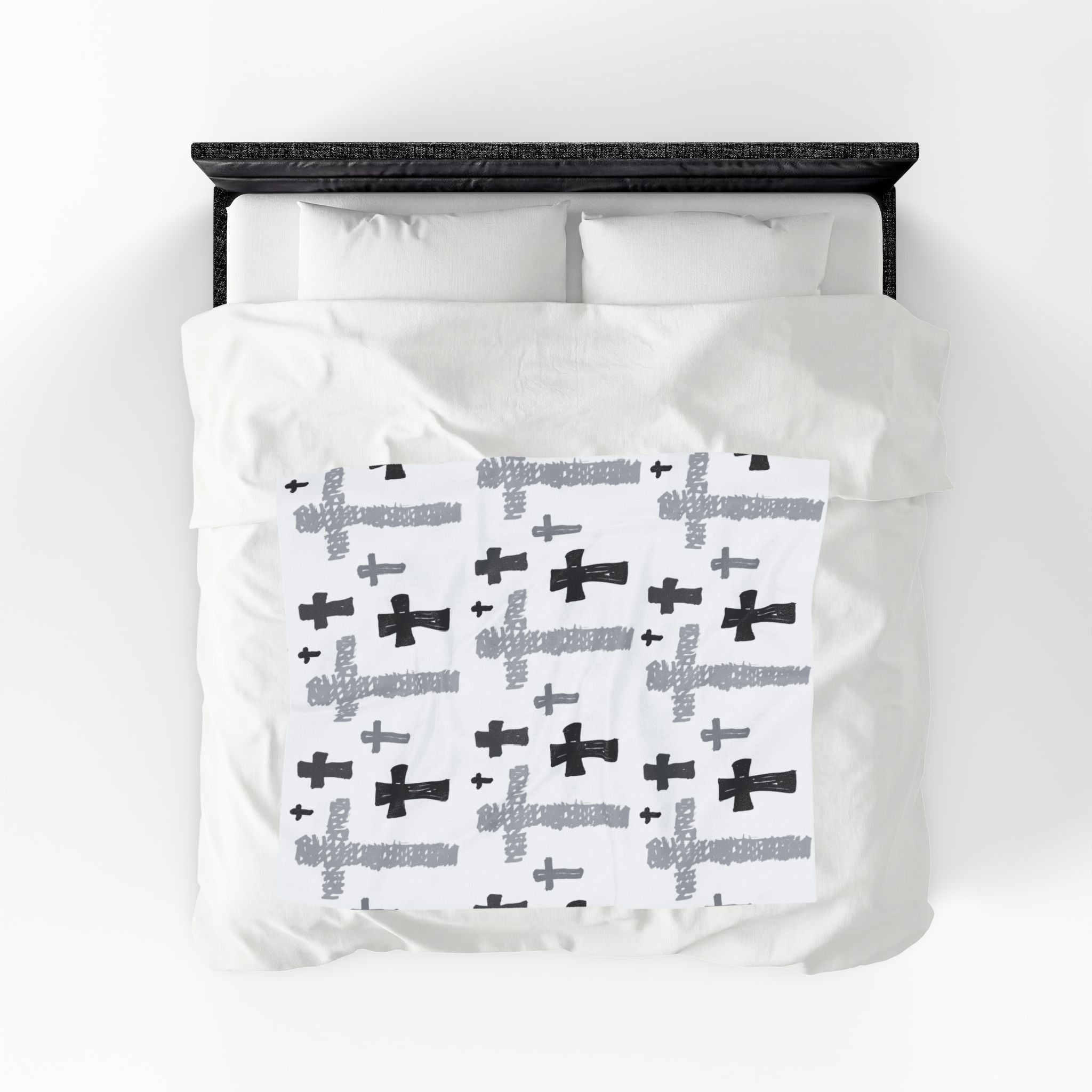 Hand-Drawn Cross Pattern Velveteen Blanket | Monochrome Religious Throw
