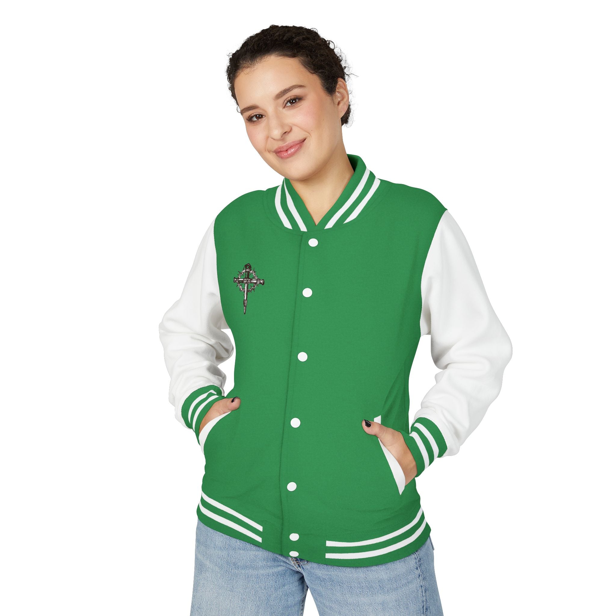 Gothic Cross Nail Emblem Letterman Jacket | Red White Varsity