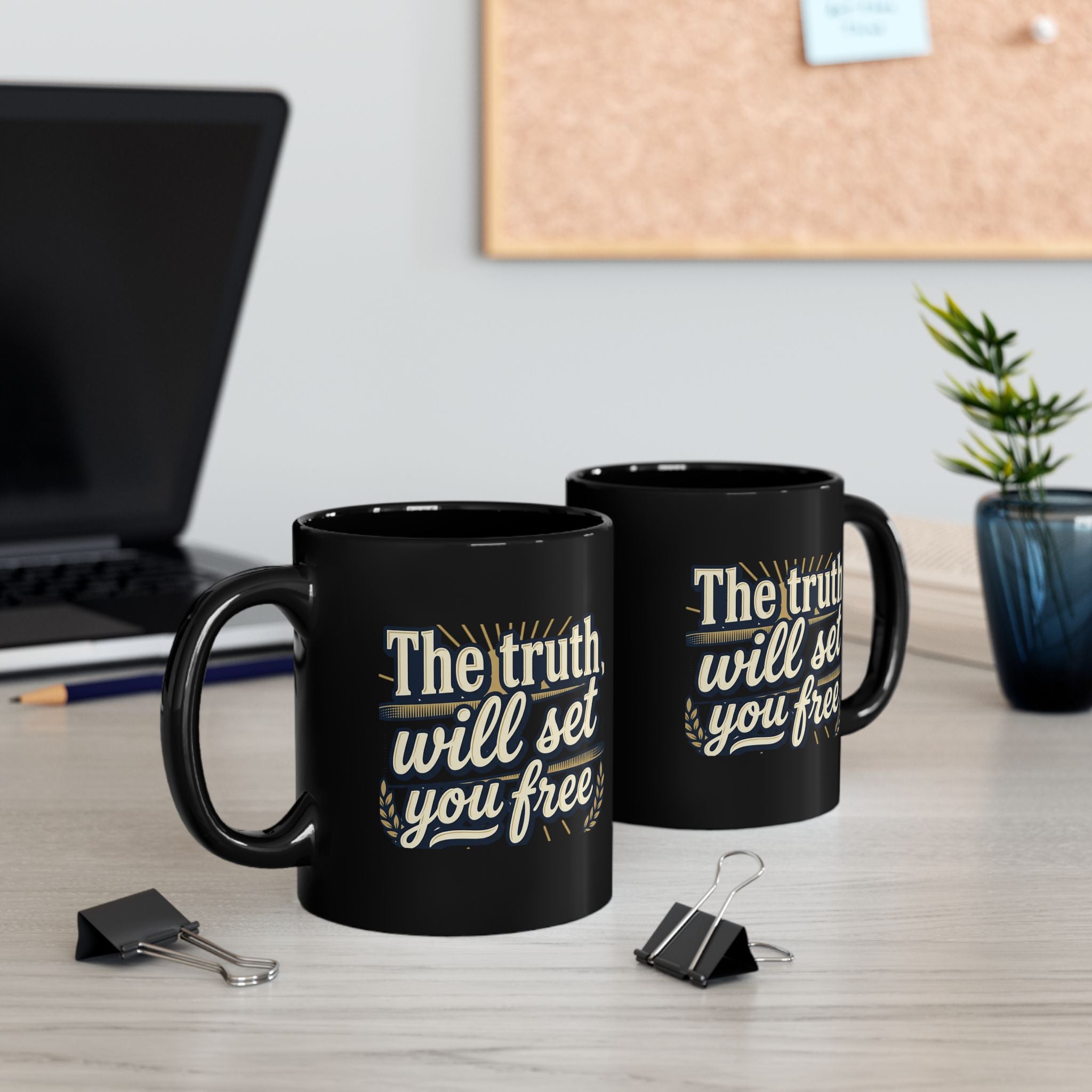 Christian Quote Mug — "The truth will set you free" Black Coffee Cup