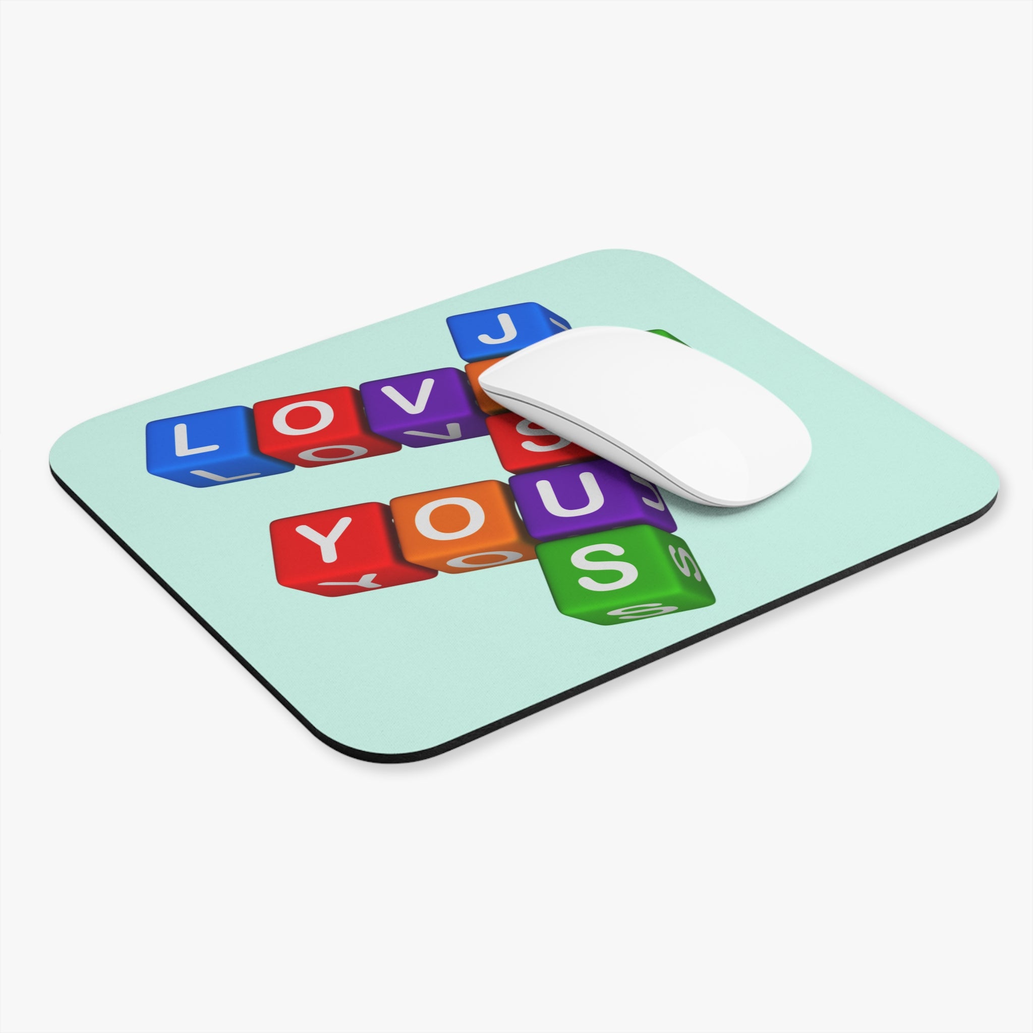 Colorful Letter Blocks Jesus Loves You Mouse Pad | Cute Typography Desk Mat