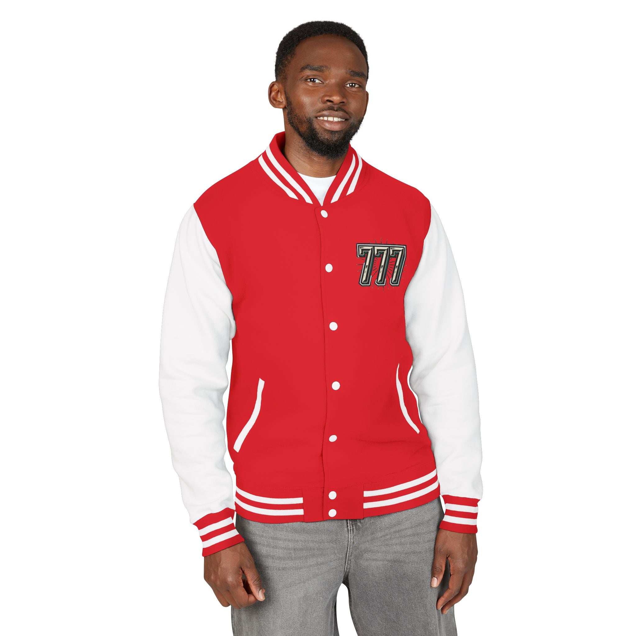 777 Emblem Letterman Jacket | Red White Varsity
