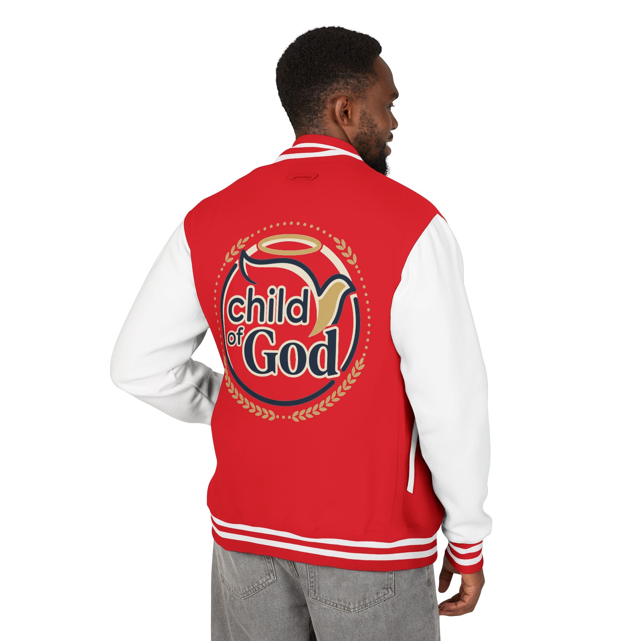 Child of God Emblem Letterman Jacket | Red White Varsity