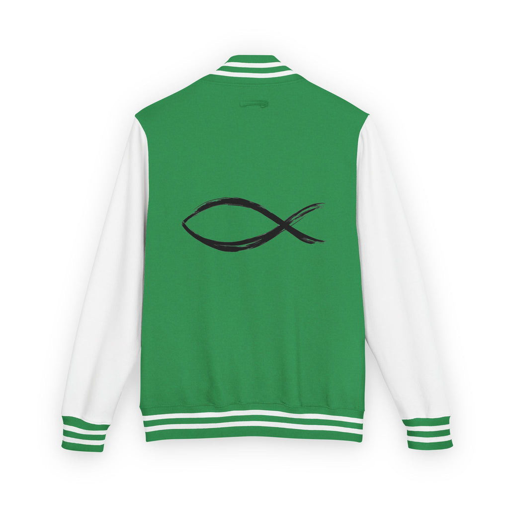 Christian Fish Symbol Emblem Letterman Jacket | Red White Varsity