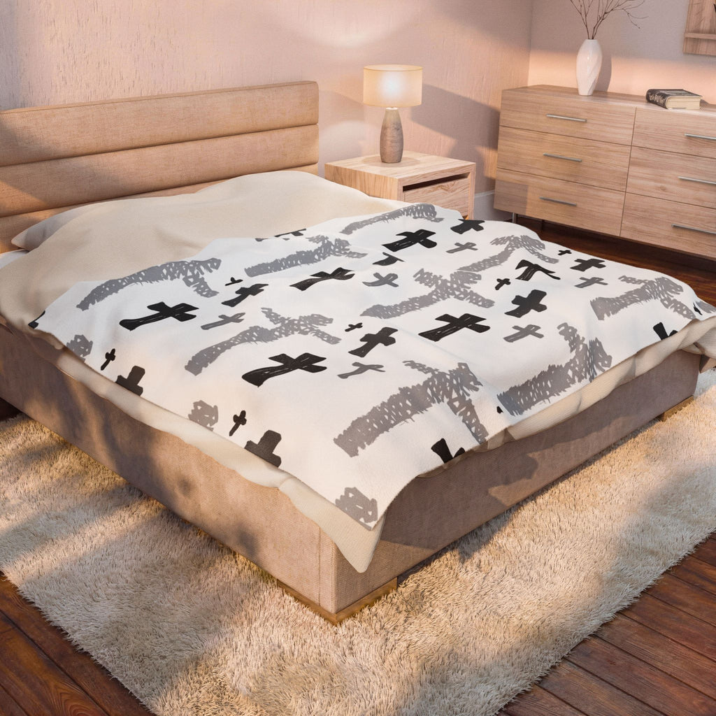 Hand-Drawn Cross Pattern Velveteen Blanket | Monochrome Religious Throw