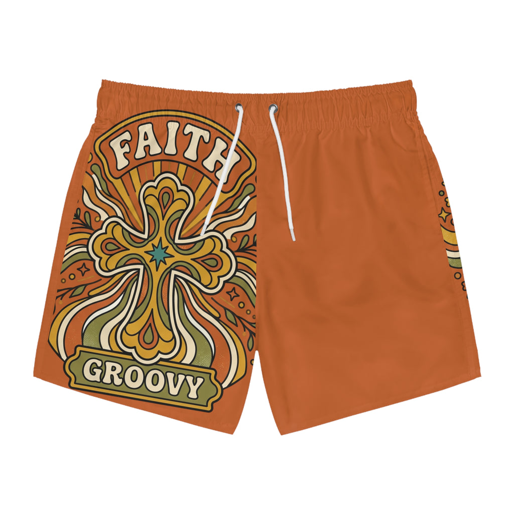 Groovy Faith Swim Trunks orange — Retro Orange Cross Beach Shorts