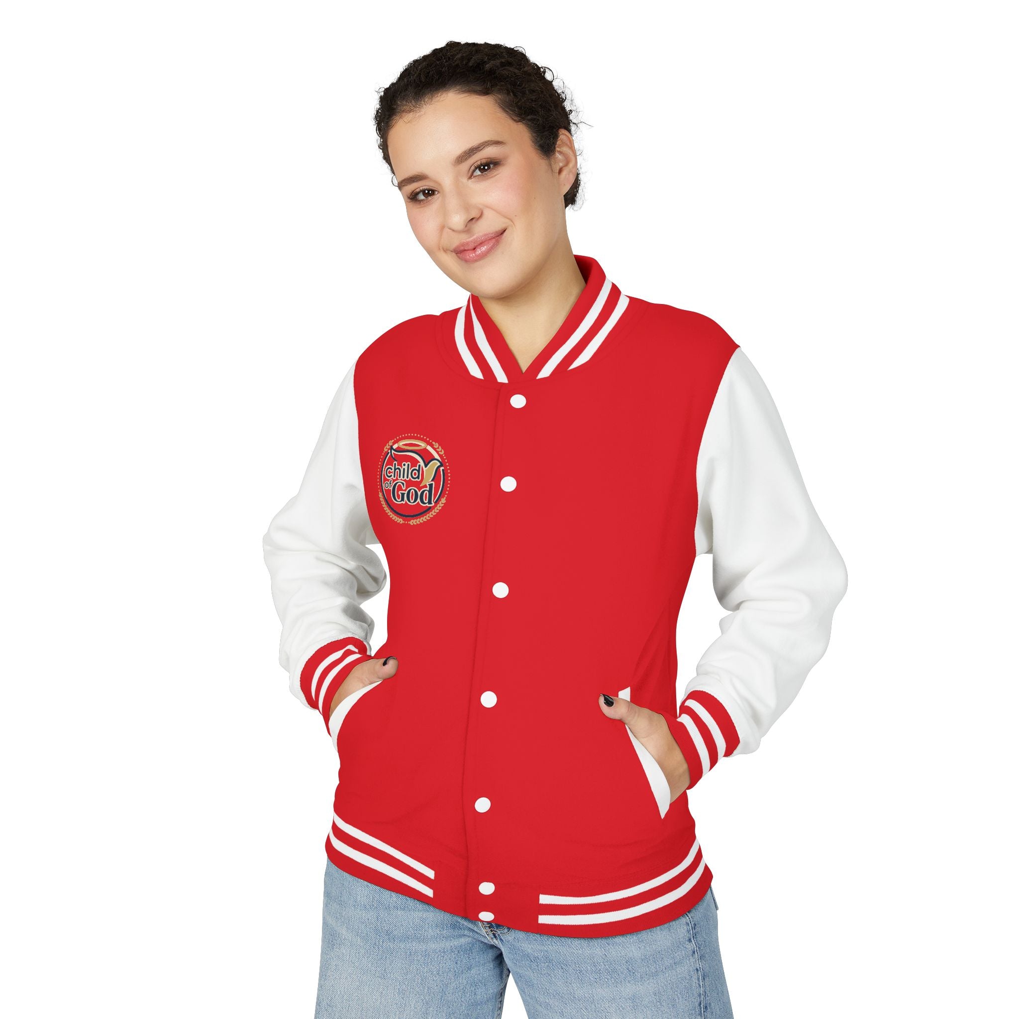 Child of God Emblem Letterman Jacket | Red White Varsity