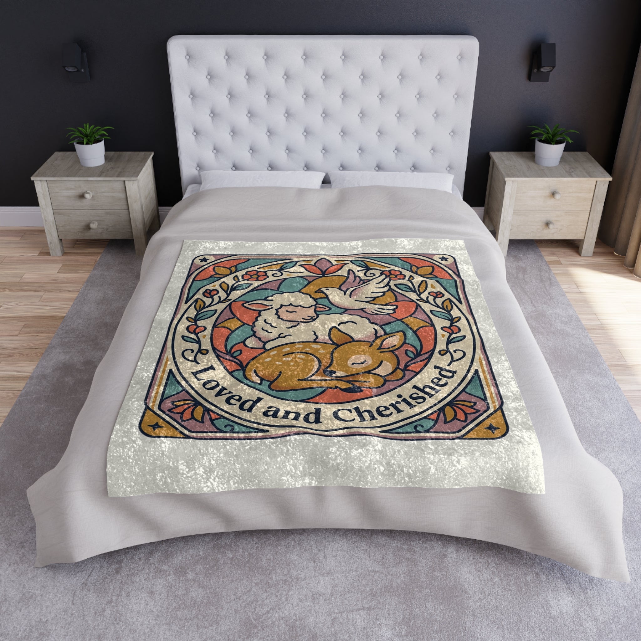 Loved and Cherished lamb and fawn illustration Crushed Velvet Blanket | nursery decor, pastel vintage
