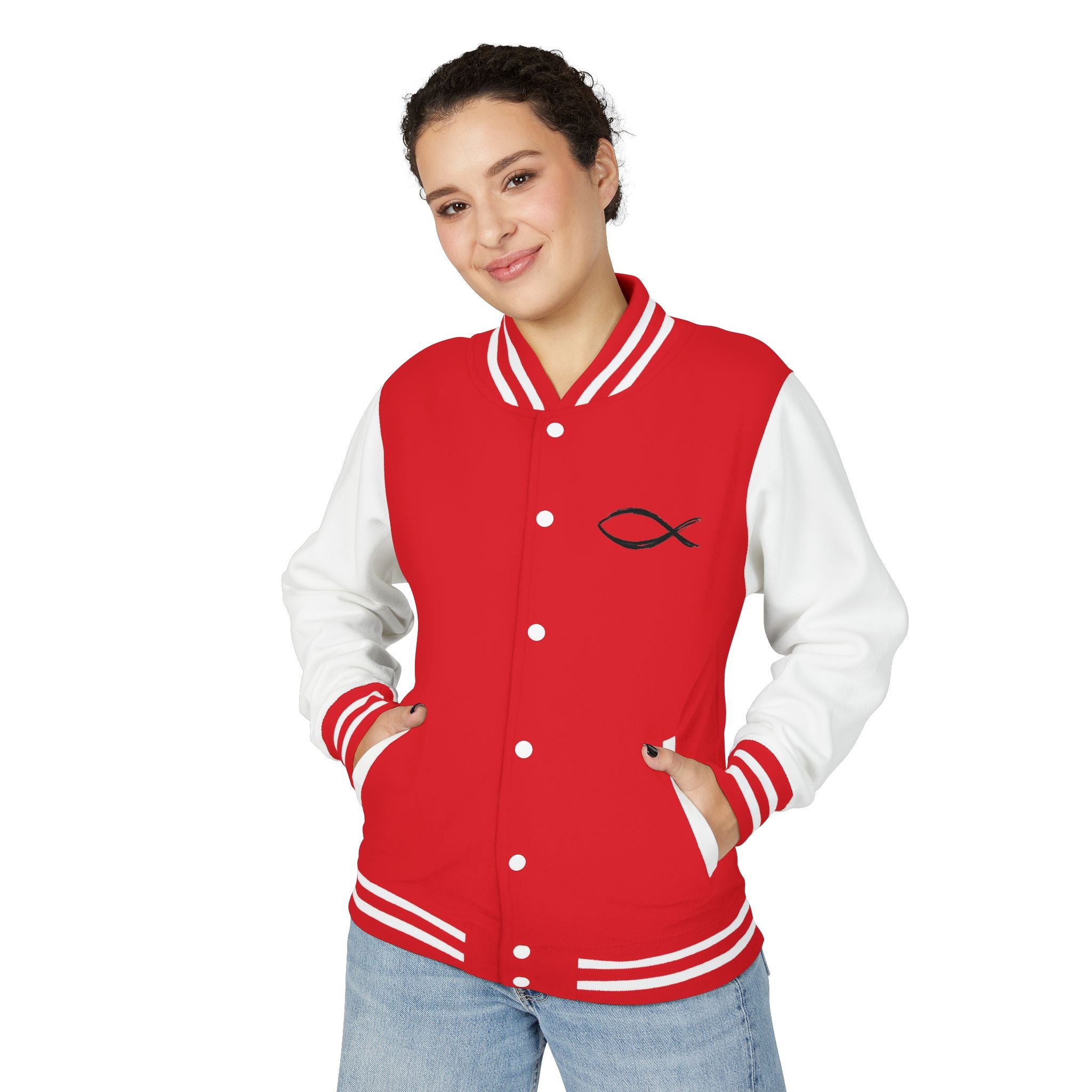 Christian Fish Symbol Emblem Letterman Jacket | Red White Varsity