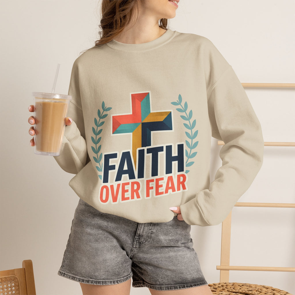 Faith Over Fear Crewneck Sweatshirt — Christian Cross Inspirational Pullover