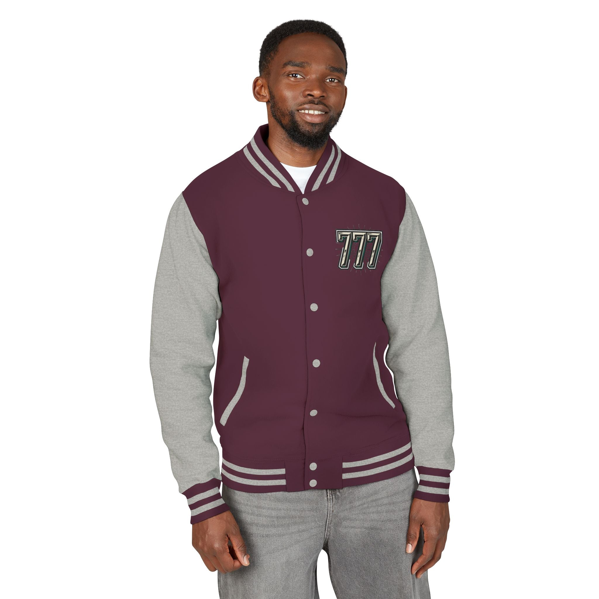 777 Emblem Letterman Jacket | Red White Varsity