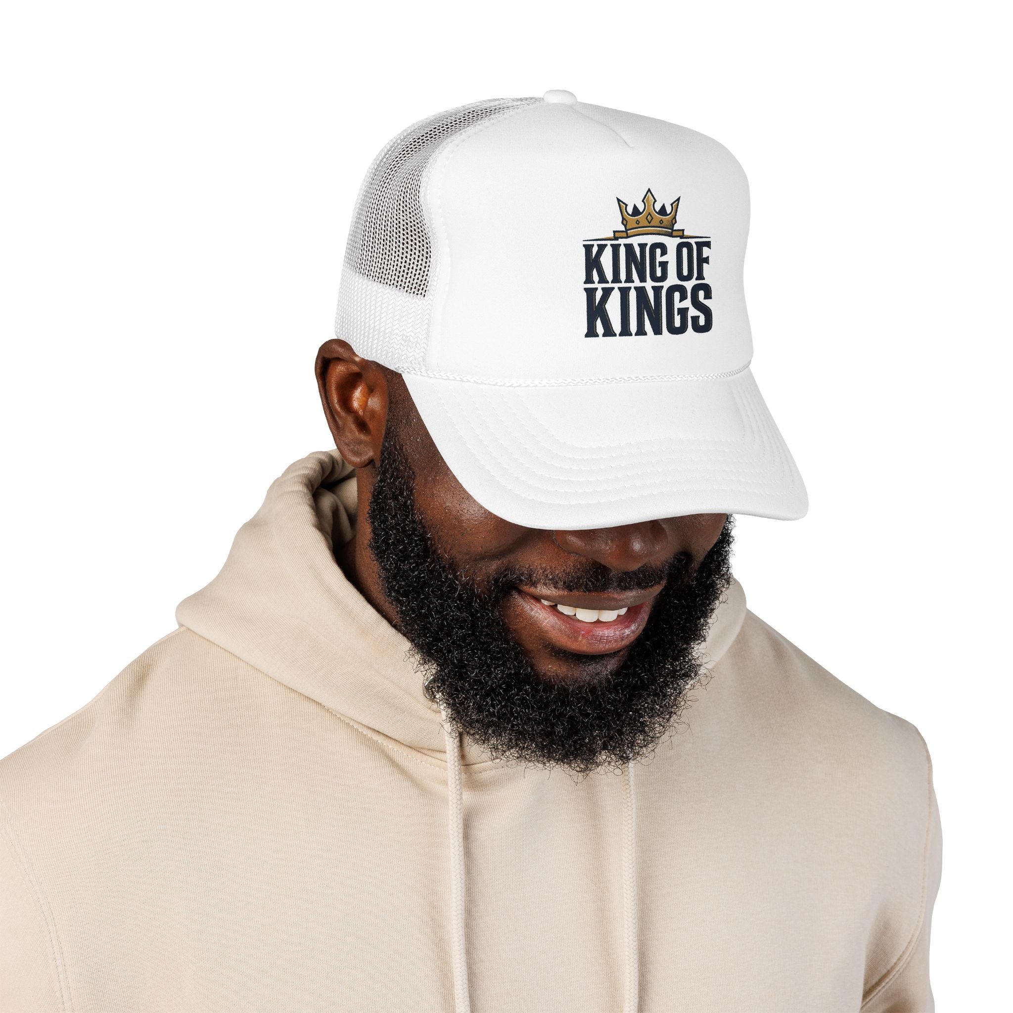 King of Kings Trucker Hat – Foam Mesh Baseball Cap with Gold Crown Design