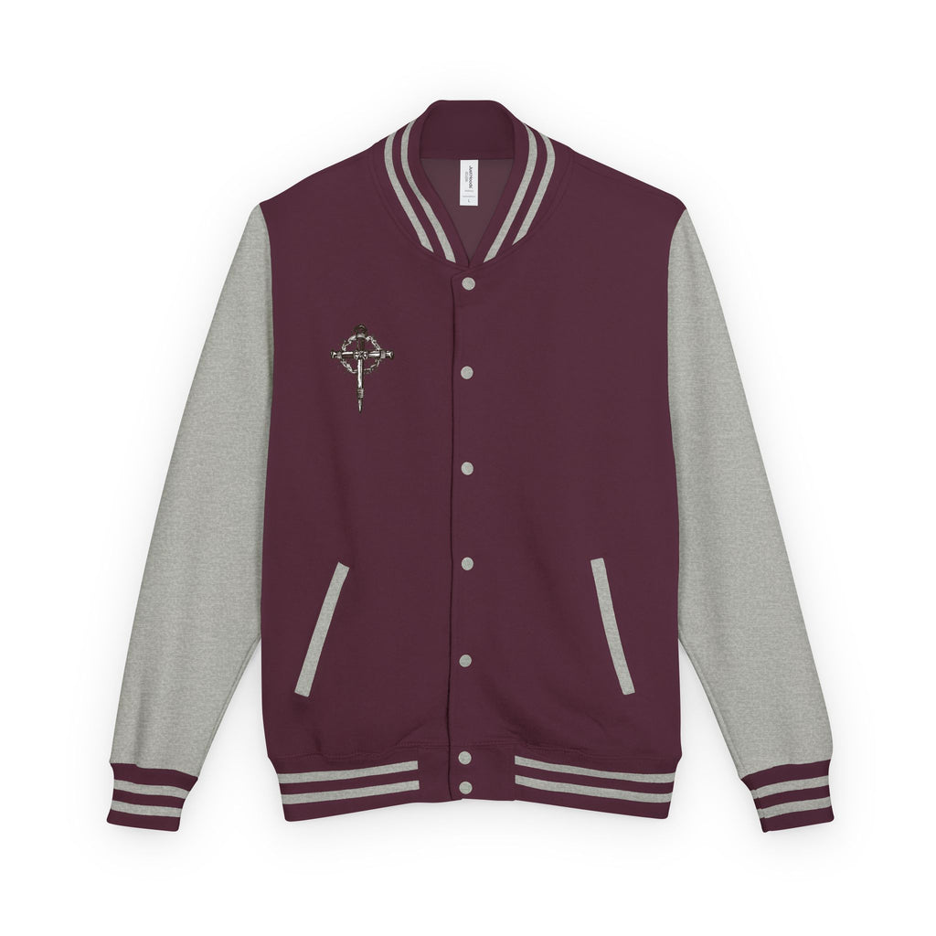 Gothic Cross Nail Emblem Letterman Jacket | Red White Varsity