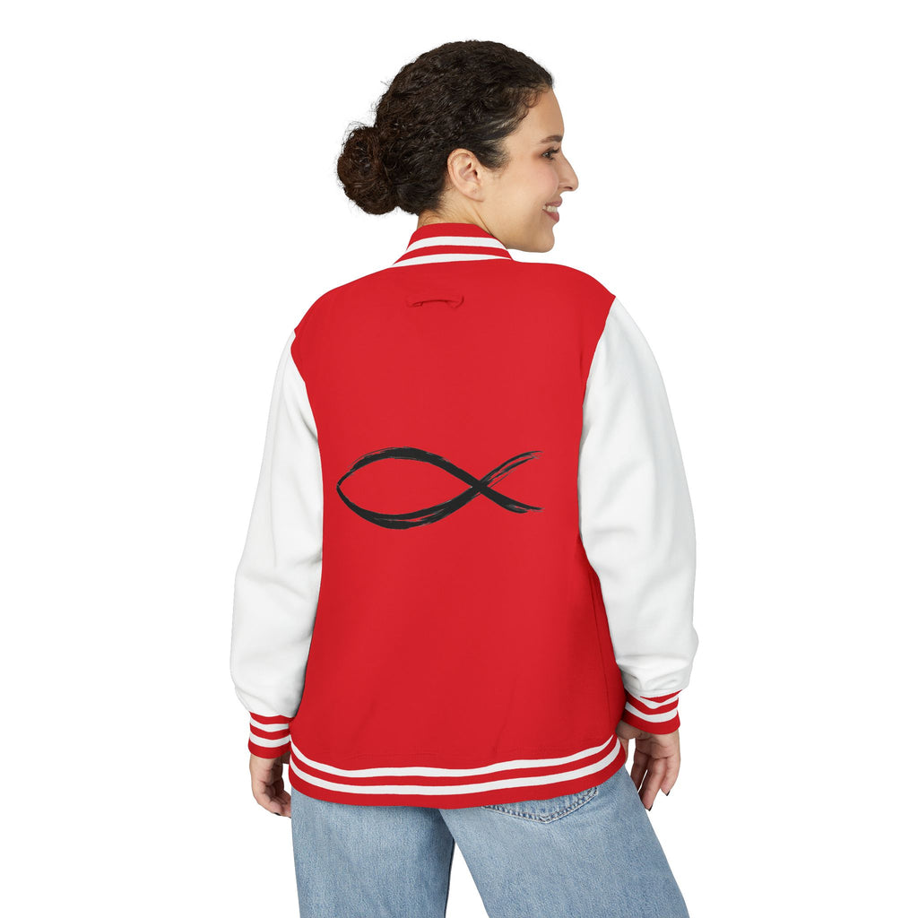 Christian Fish Symbol Emblem Letterman Jacket | Red White Varsity