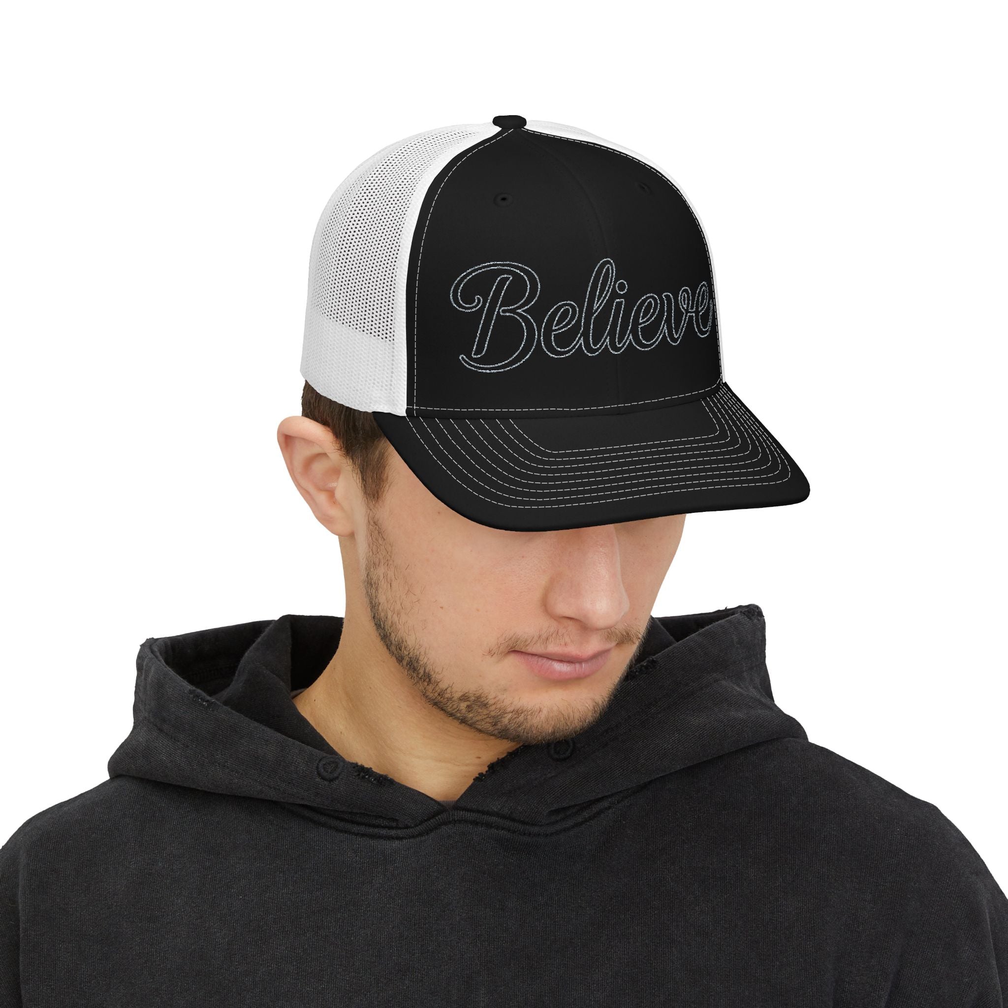 Believe Embroidered Trucker Cap — Inspirational Snapback Hat