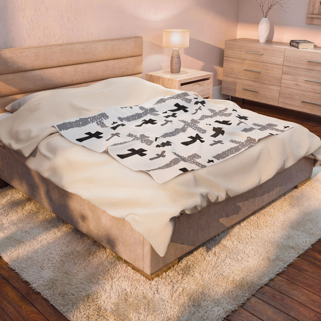 Hand-Drawn Cross Pattern Velveteen Blanket | Monochrome Religious Throw