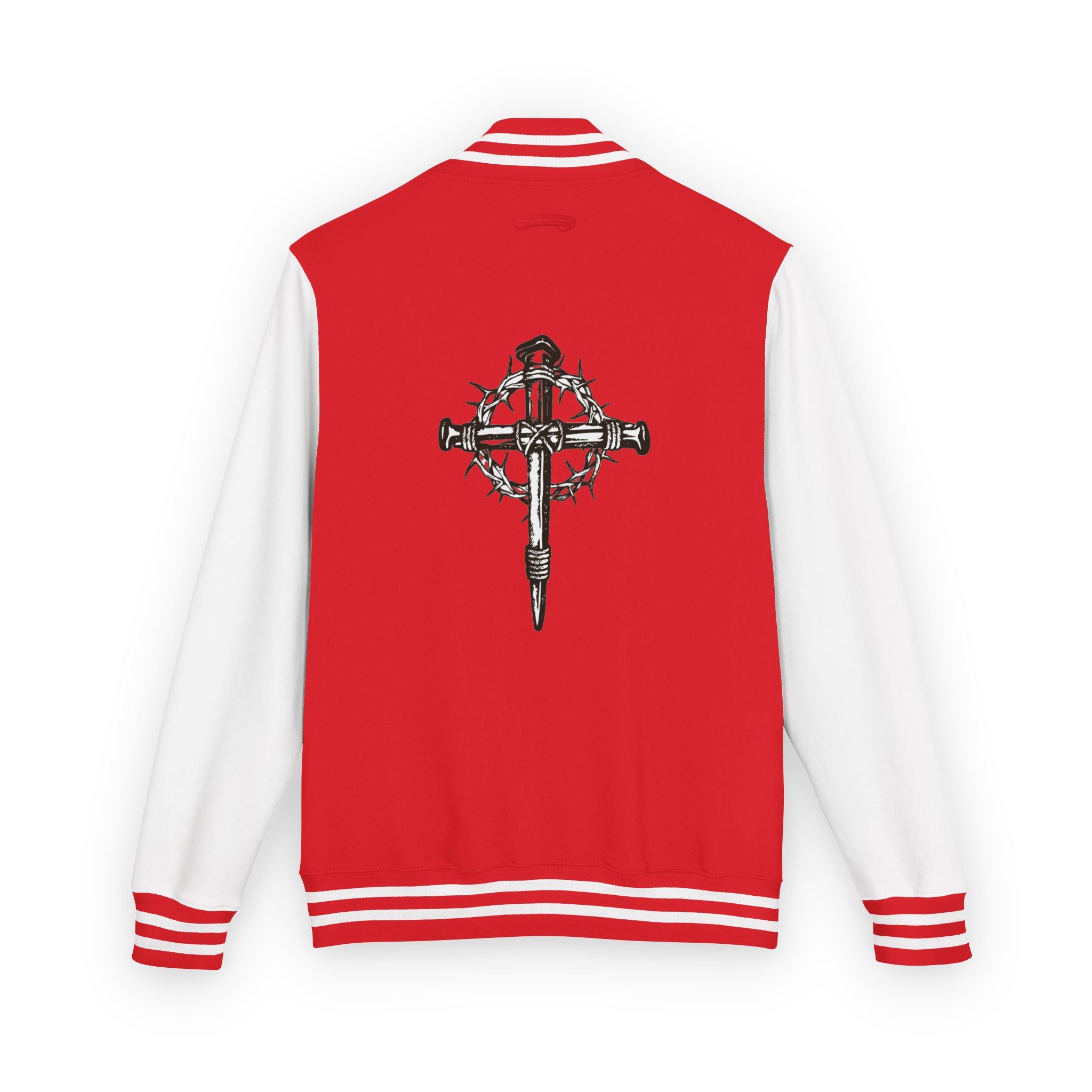 Gothic Cross Nail Emblem Letterman Jacket | Red White Varsity