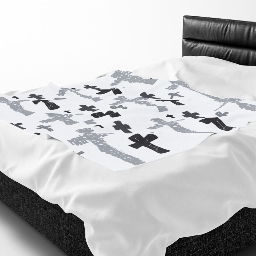 Hand-Drawn Cross Pattern Velveteen Blanket | Monochrome Religious Throw
