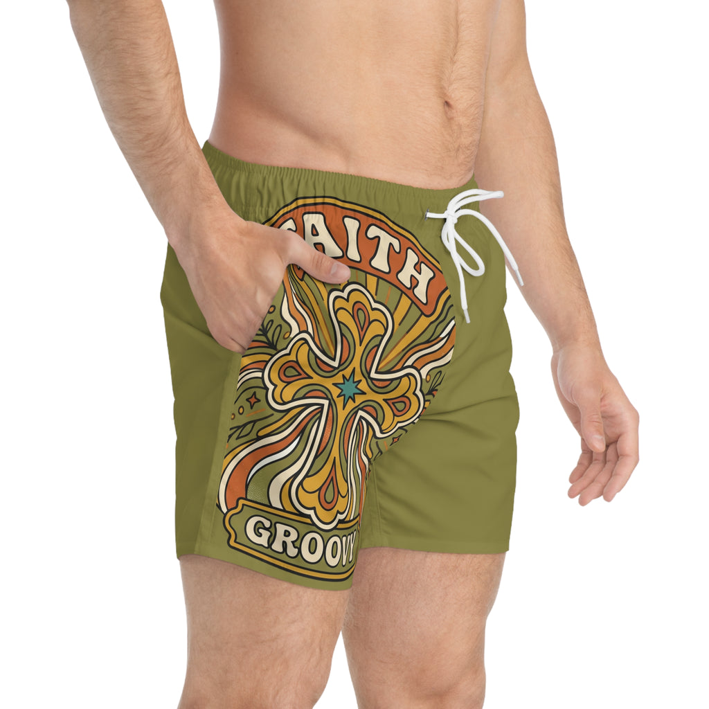 Groovy Faith Swim Trunks green— Retro Orange Cross Beach Shorts