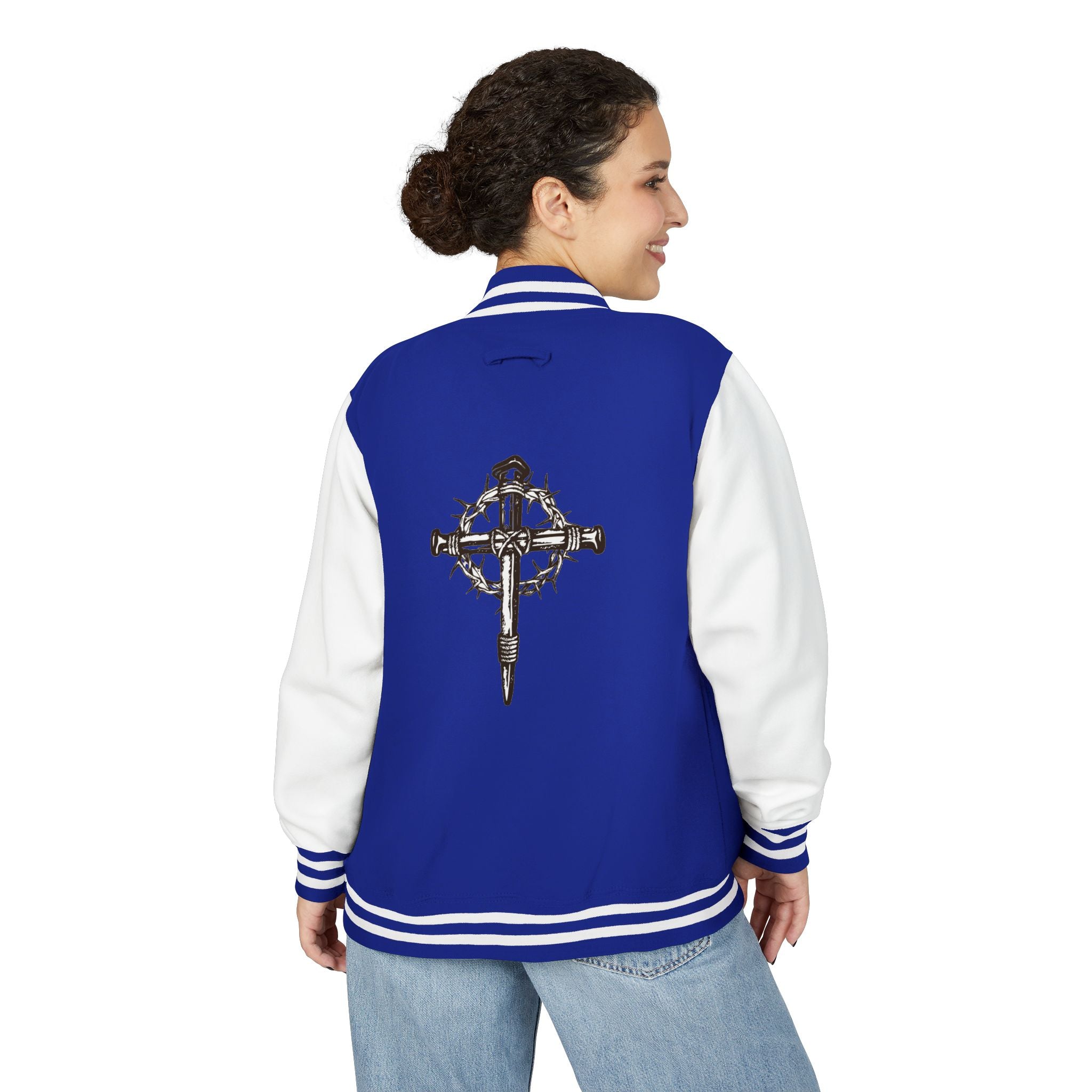 Gothic Cross Nail Emblem Letterman Jacket | Red White Varsity