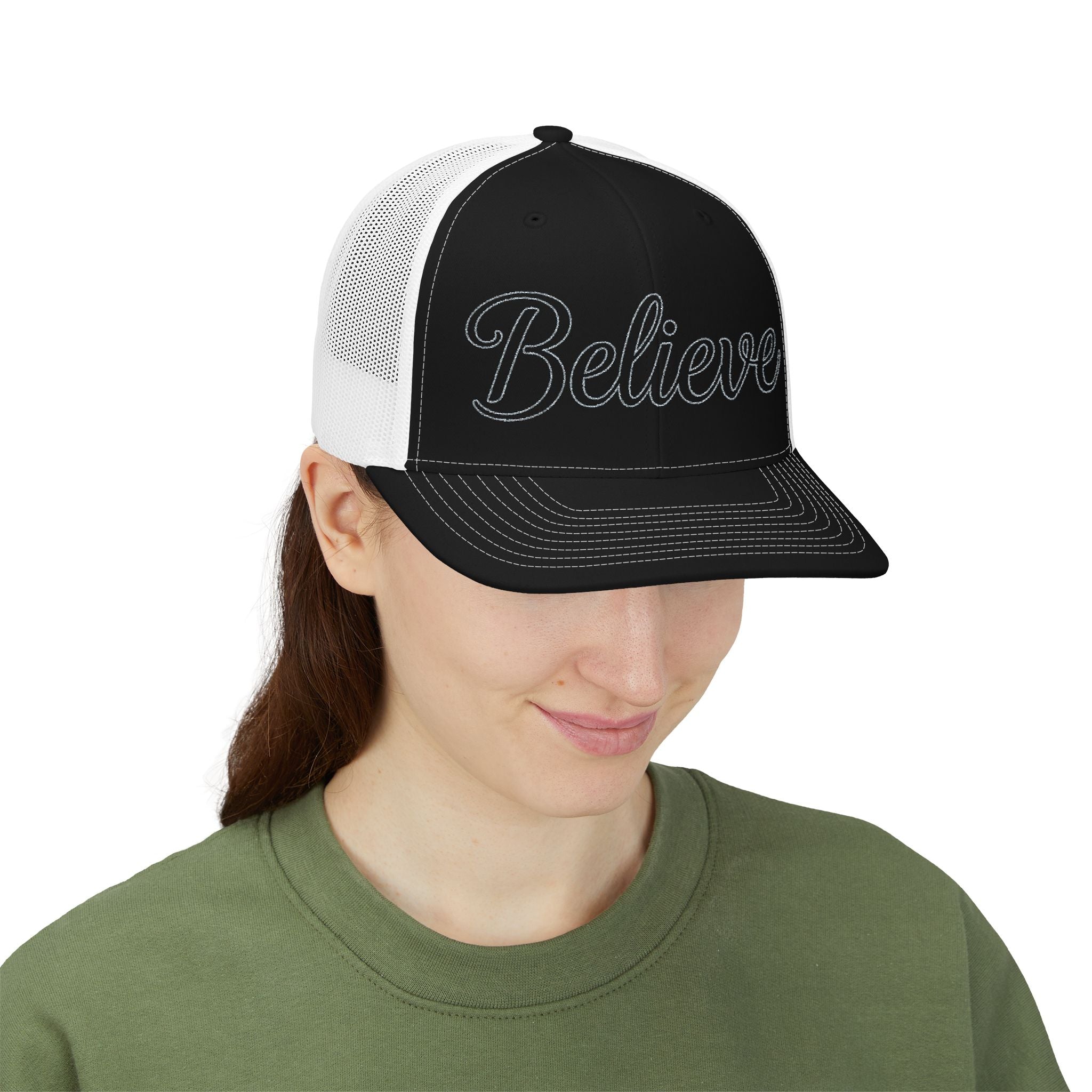 Believe Embroidered Trucker Cap — Inspirational Snapback Hat