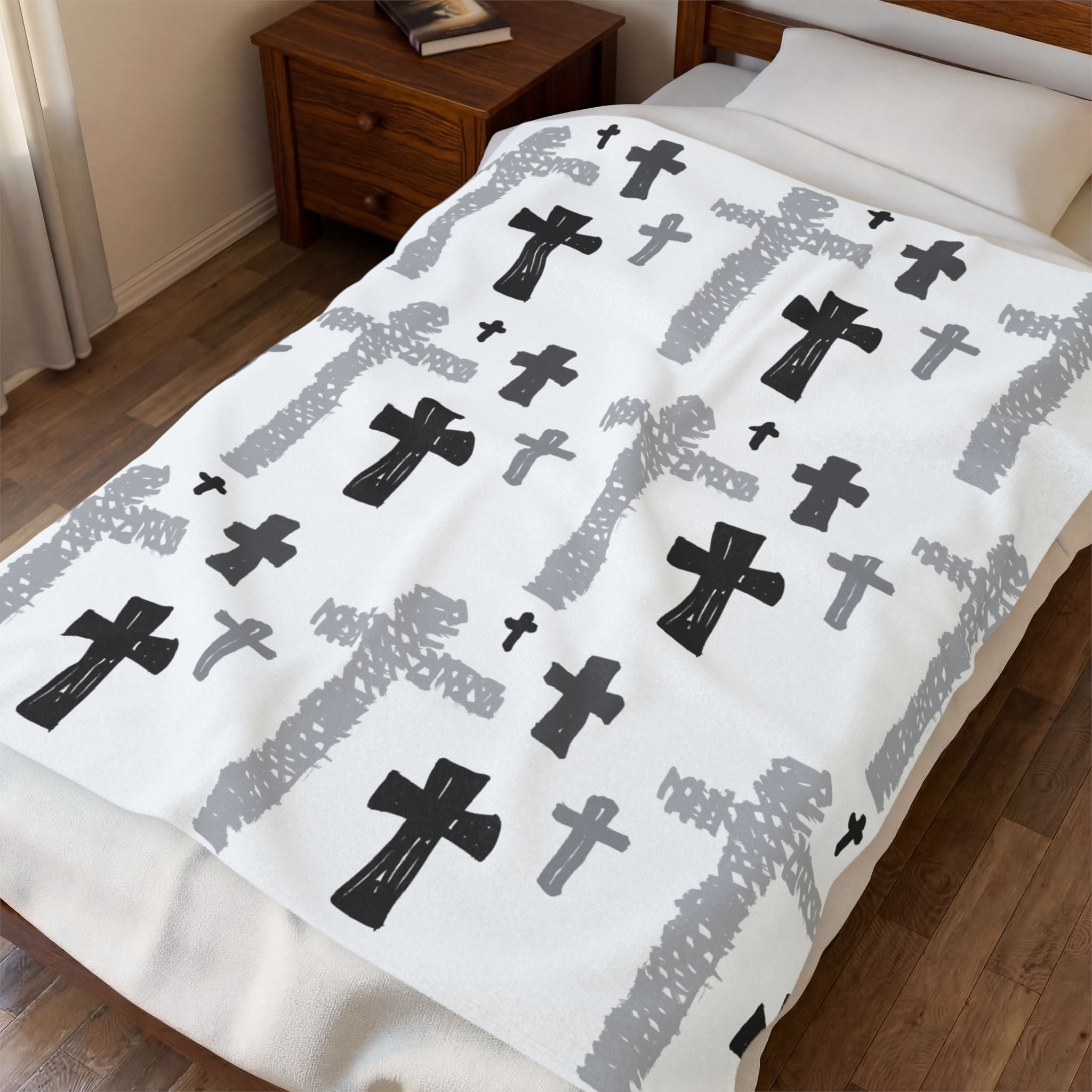 Hand-Drawn Cross Pattern Velveteen Blanket | Monochrome Religious Throw