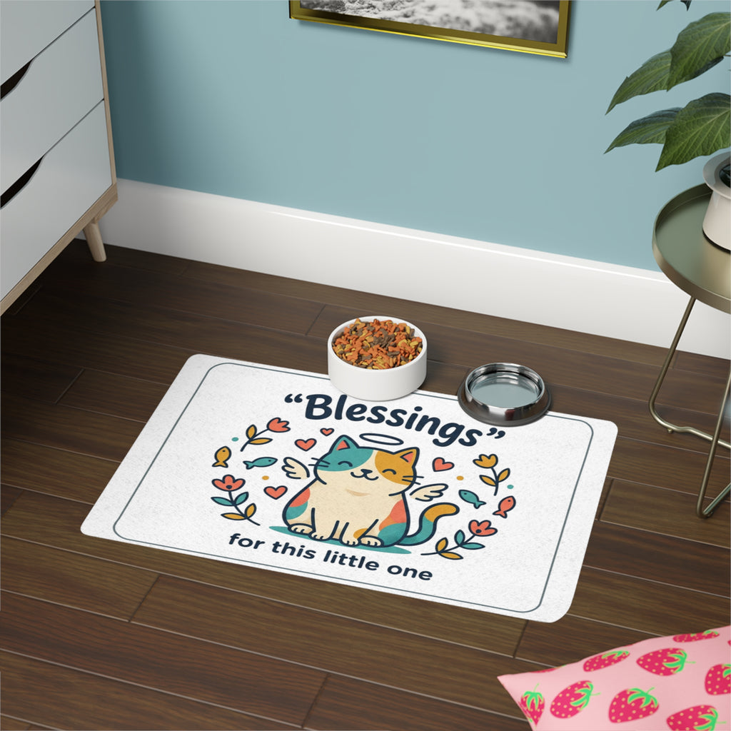 Pet Food Mat — "Blessings for This Little One" Cute Angel Cat Feeding Mat