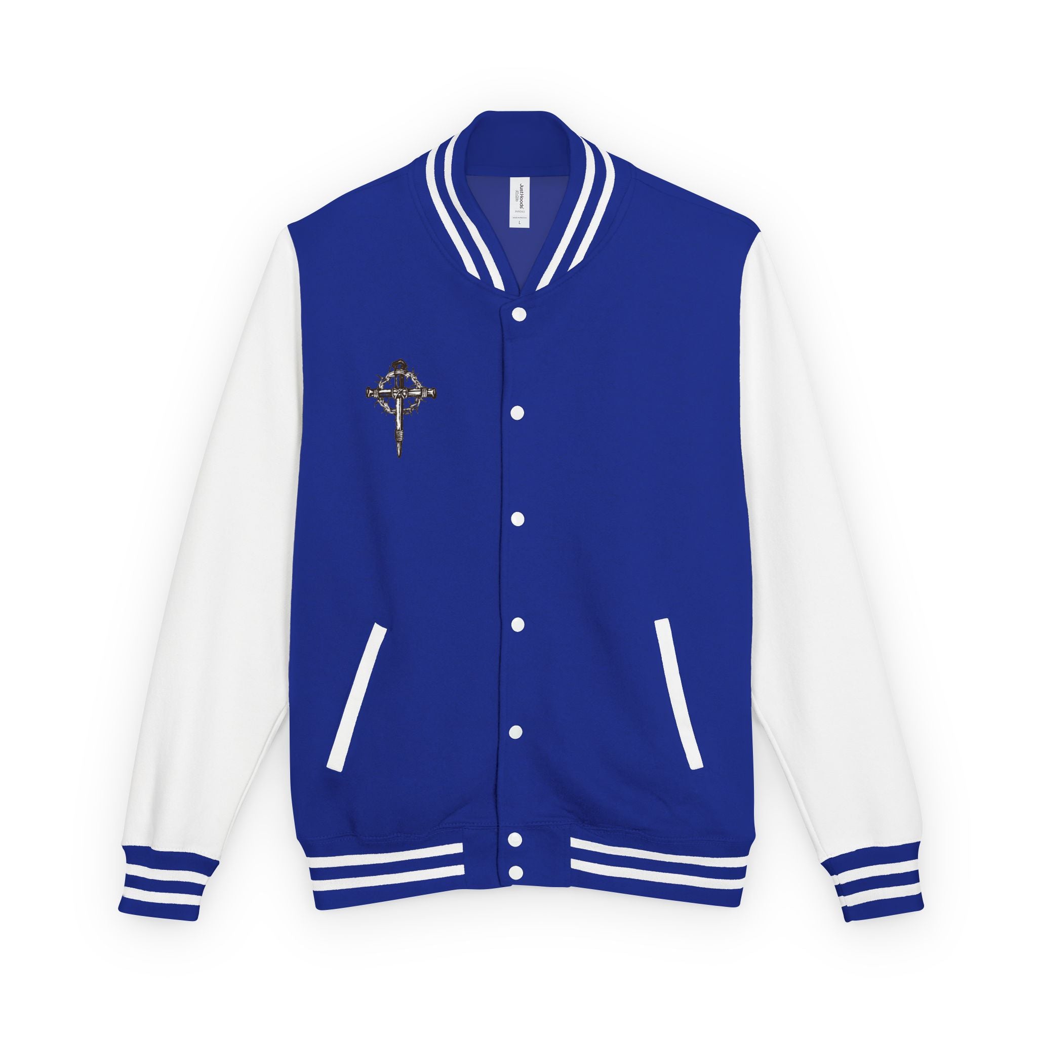 Gothic Cross Nail Emblem Letterman Jacket | Red White Varsity