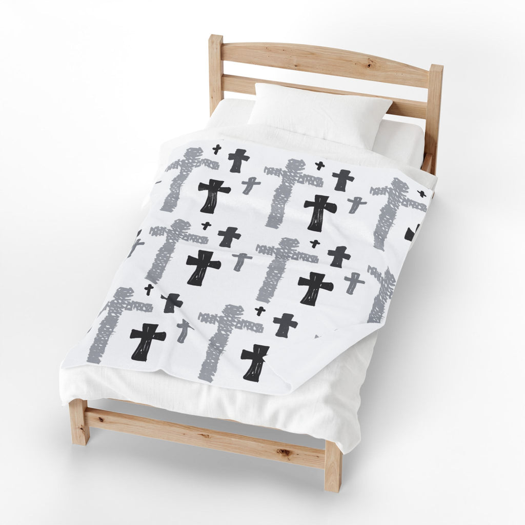 Hand-Drawn Cross Pattern Velveteen Blanket | Monochrome Religious Throw