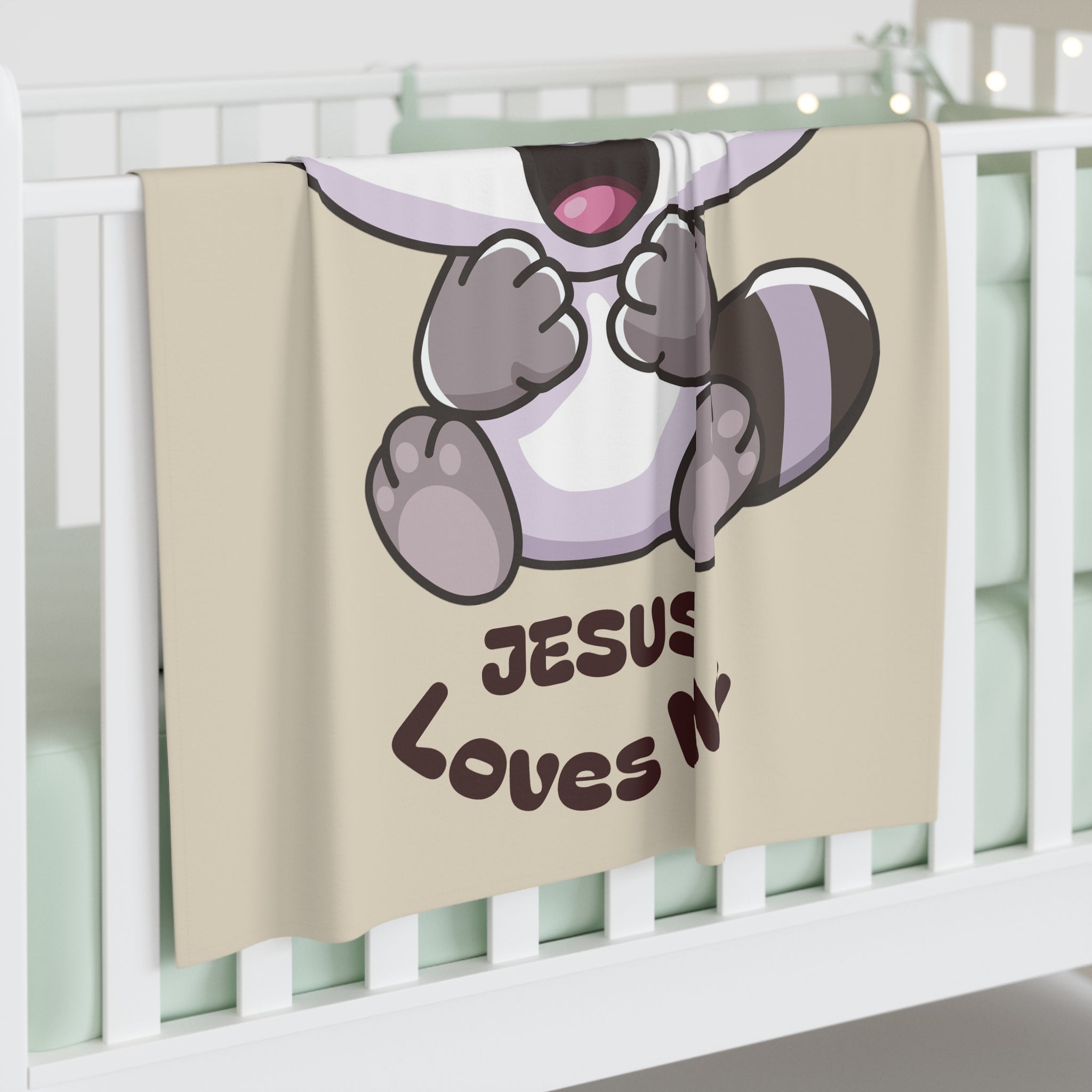 Cute Raccoon Jesus Loves Me Baby Swaddle Blanket | Religious Nursery Fawn
