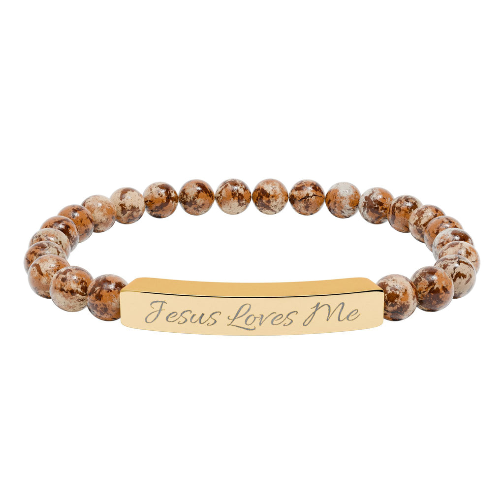 Jesus Loves Me Engraved Bar Natural Stone Bracelet | Stretch Beaded Bracelet