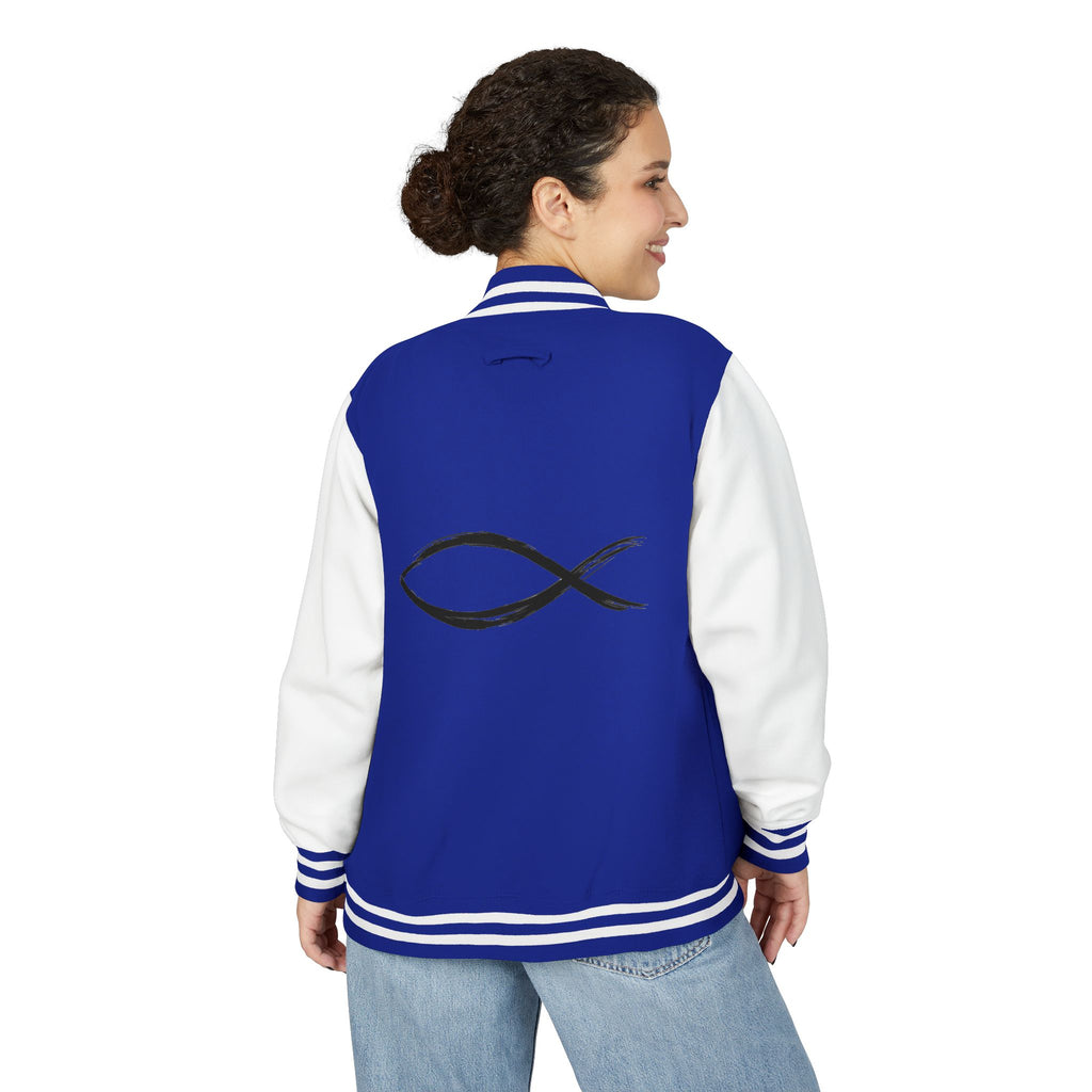 Christian Fish Symbol Emblem Letterman Jacket | Red White Varsity