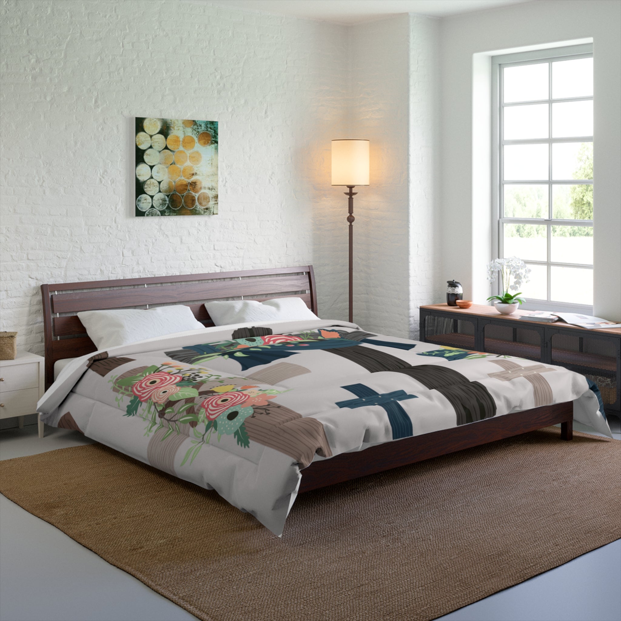 Floral Cross Comforter – Christian Bedroom Duvet with Pink Rose Wreaths