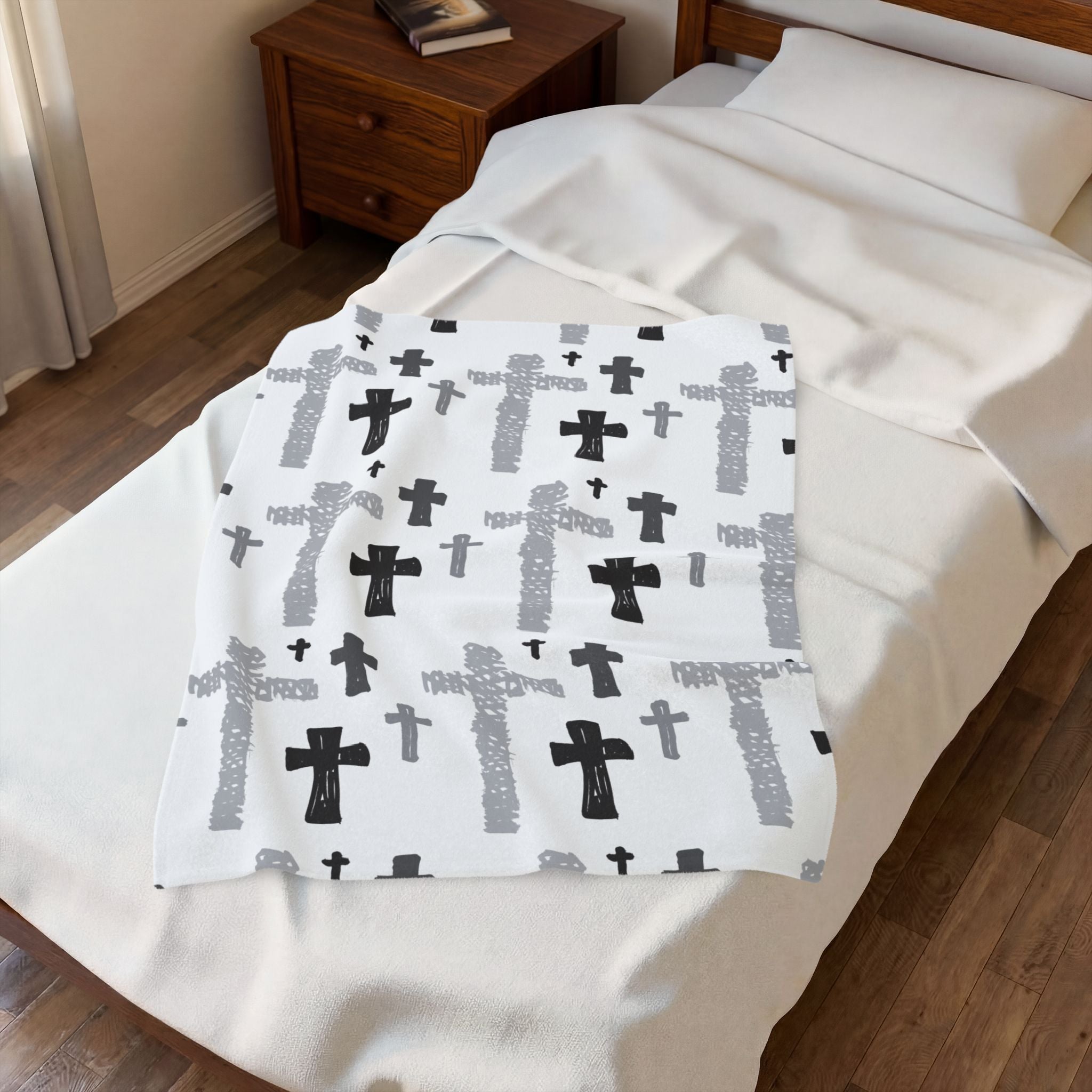 Hand-Drawn Cross Pattern Velveteen Blanket | Monochrome Religious Throw