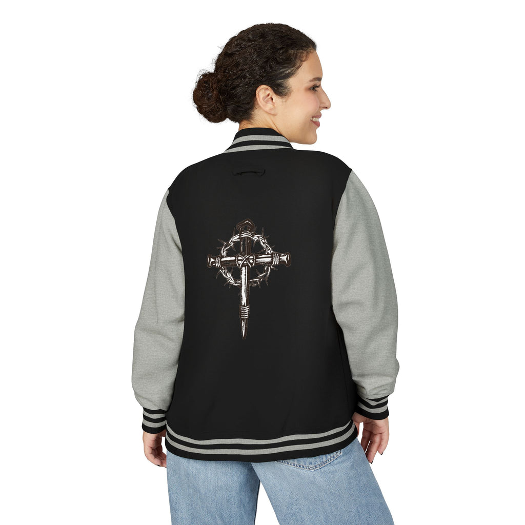 Gothic Cross Nail Emblem Letterman Jacket | Red White Varsity