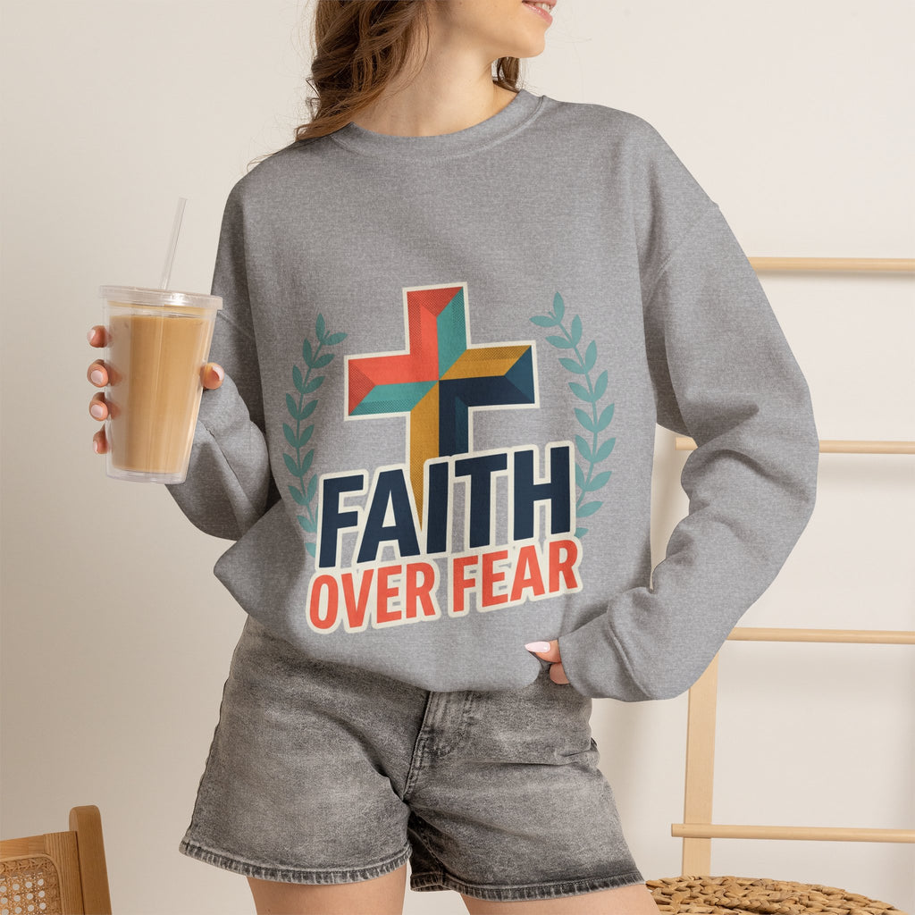 Faith Over Fear Crewneck Sweatshirt — Christian Cross Inspirational Pullover